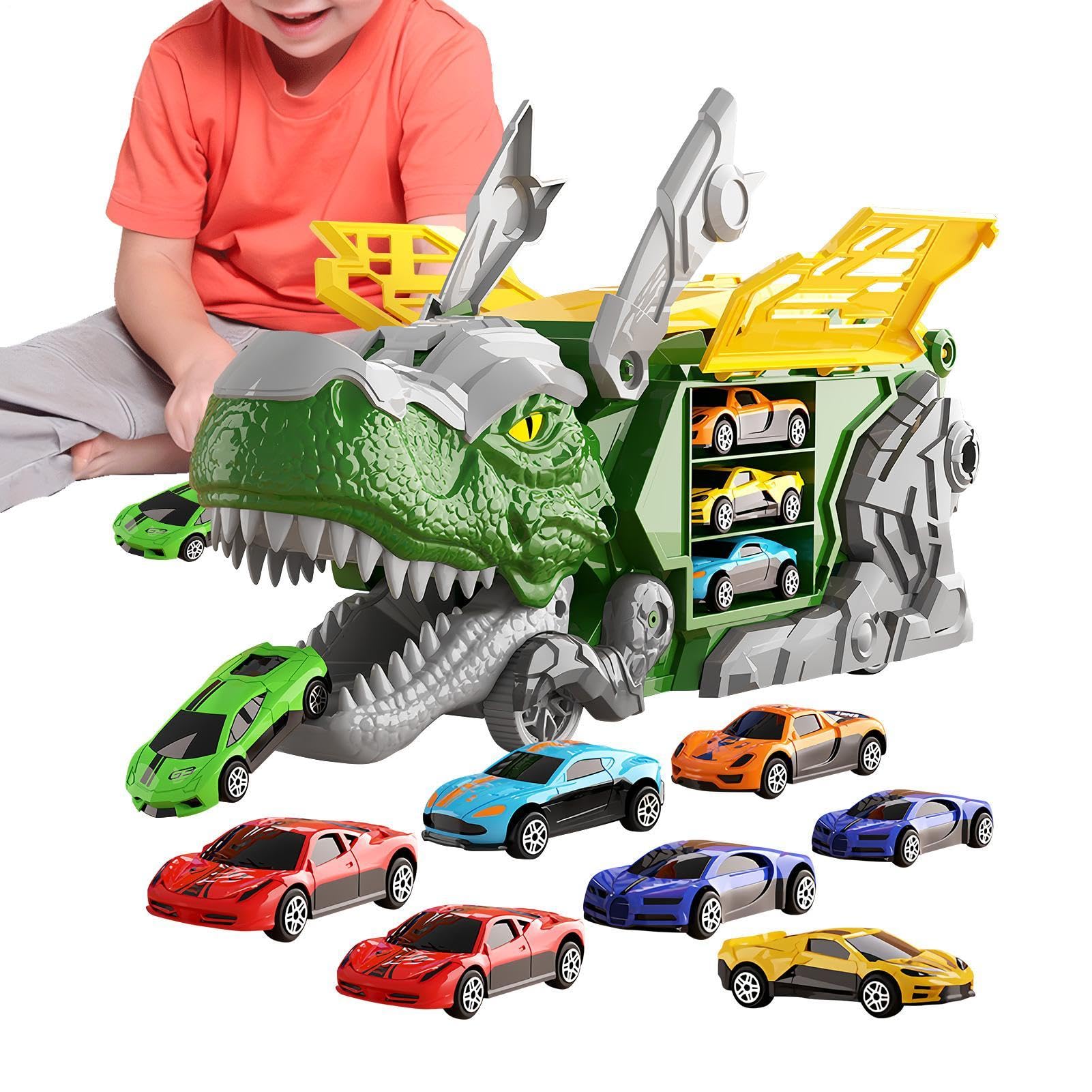 Camion Dinosauro Giocattolo Pista Doppia con 12 Mini Macchinine e Maniglia