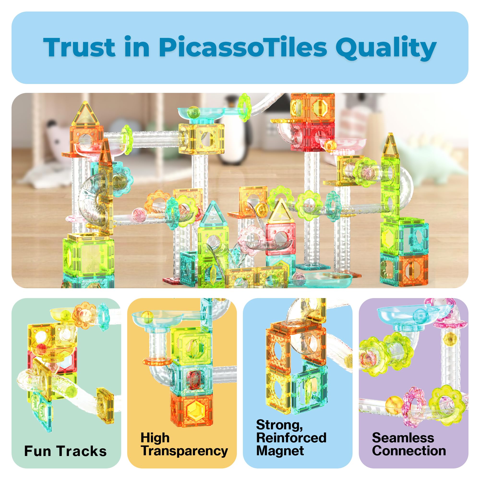 PicassoTiles 60 sztuk magnesów Tiles Building Block Travel Size Magnetic Marble Run Construction Toy Set Mini Diamond Marble RaceTrack Building Blocks Playset Education STEM Learning Kit Boy Girl 3+