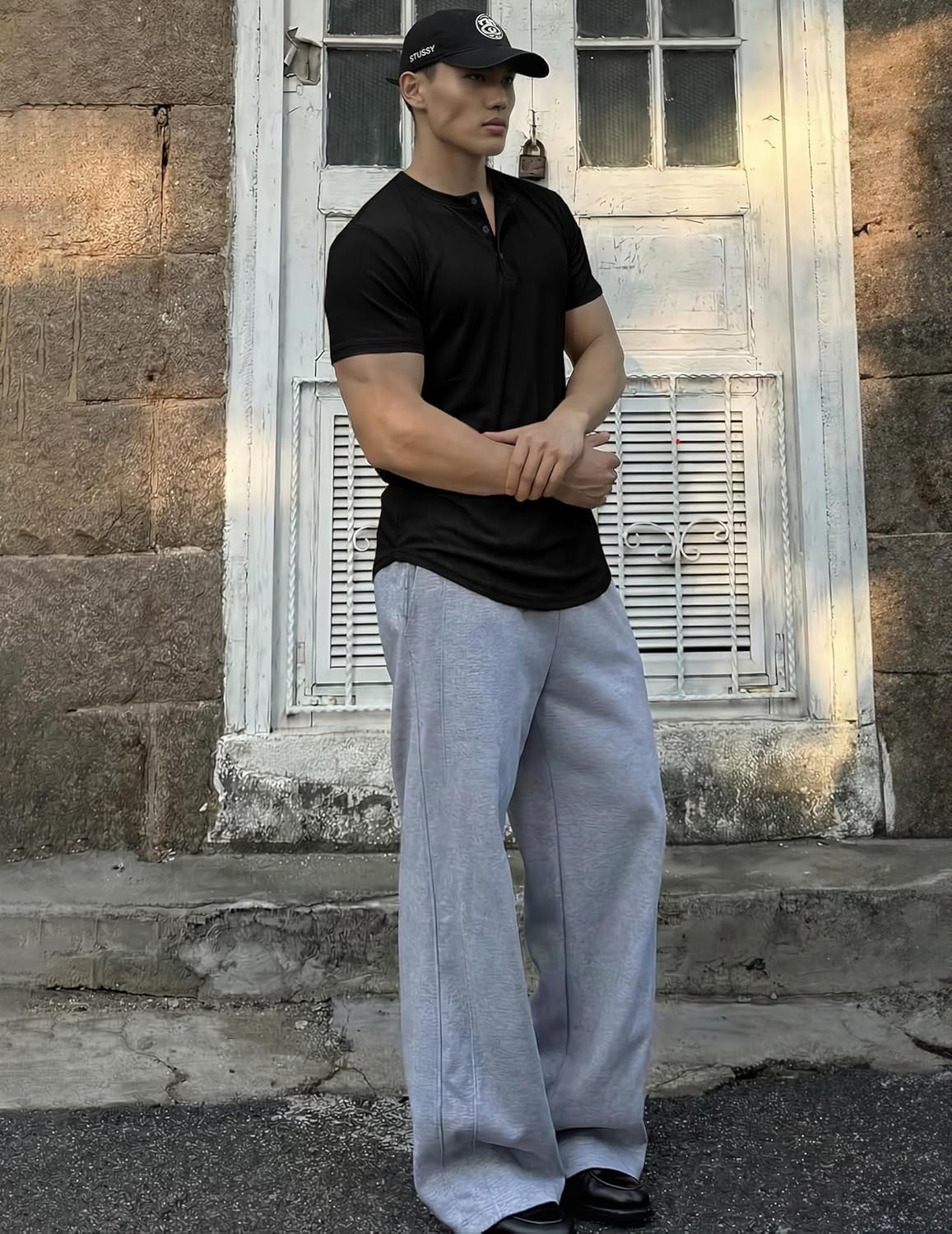 Mens Muscle Slim Fit T Shirts Crewneck Gym Workout Athletic Short Sleeve Henley Mens Shirts - Image 3