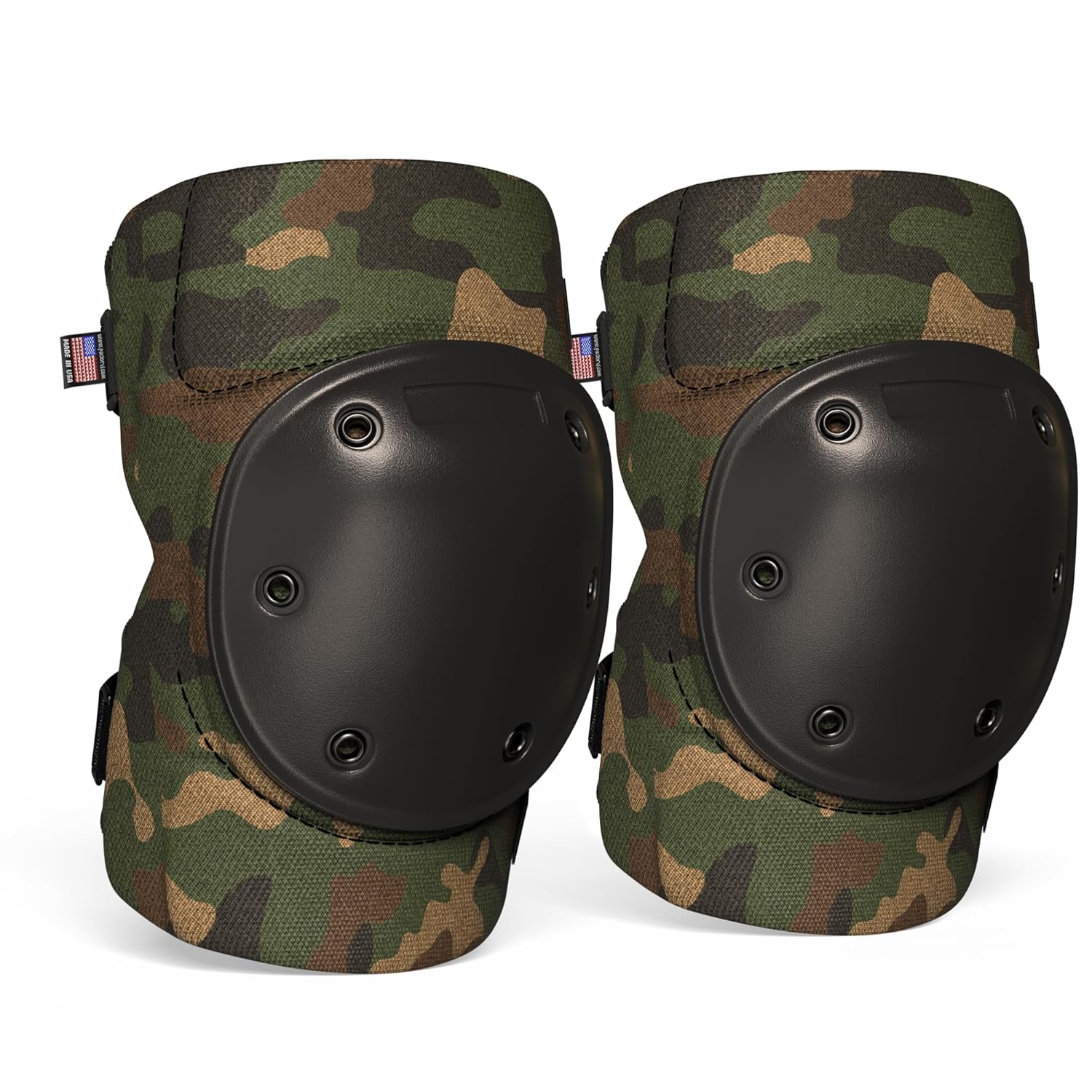 PRO Army Style Multi-Level Protection Knee Pads, Large Size, Woodland Camo, 1 Pair - Hard Cap & Adjustable Grip for Free Movement - All Day Comfort, Made in USA