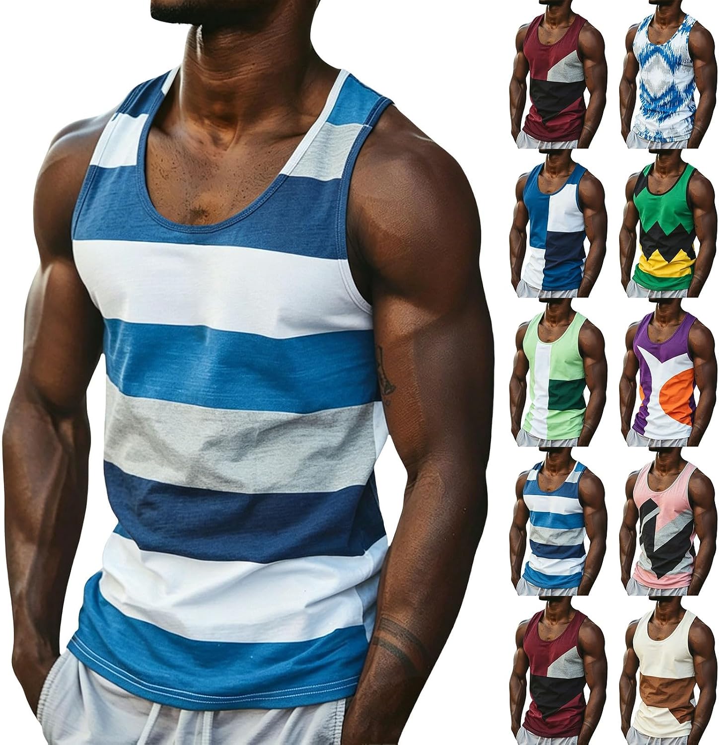 Mens Plus Size Striped Tank Tops Trendy U Neck Vest Summer Classic Color Block Sleeveless T Shirts Men Casual Tees