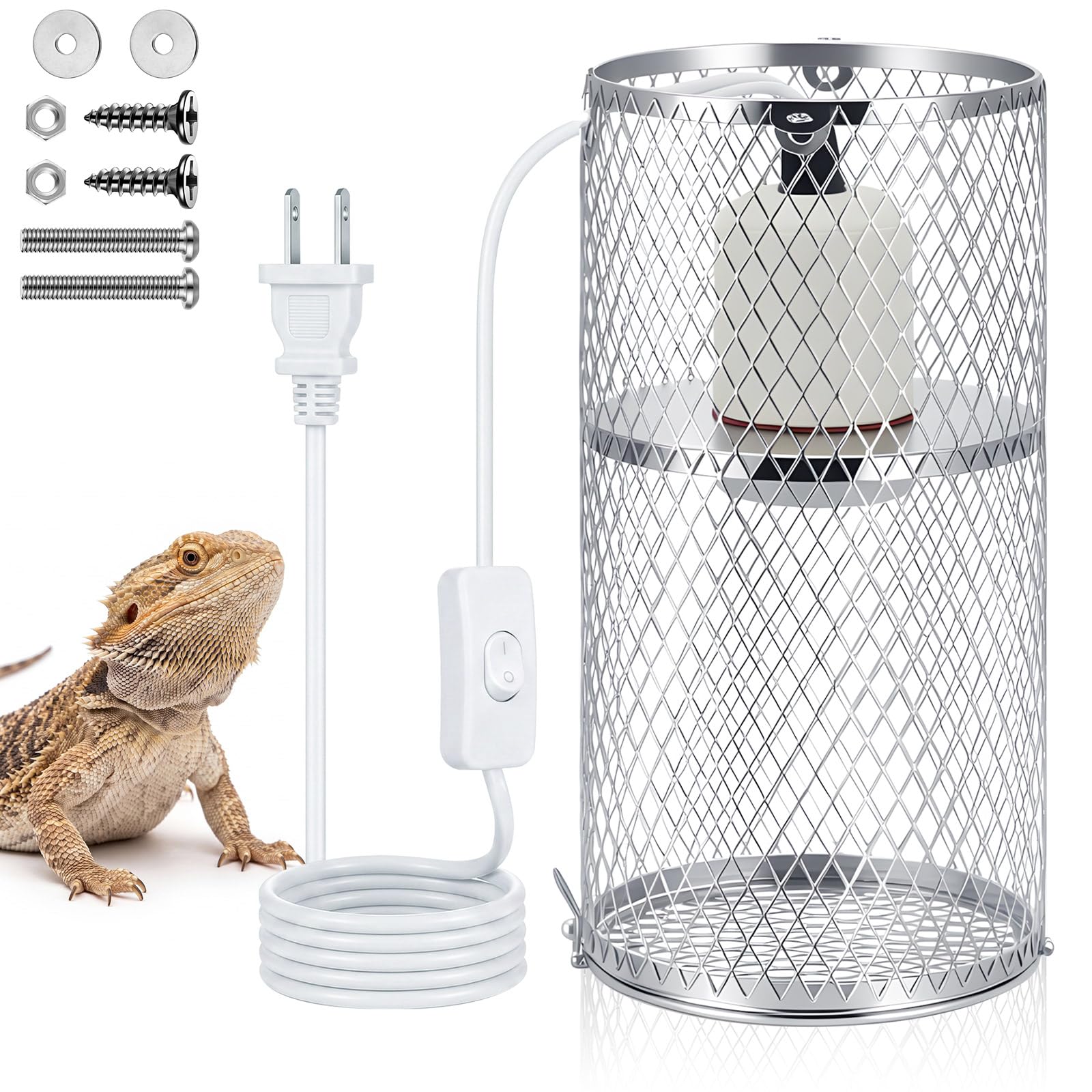 VIHOSE 1 Pcs Reptile Heat Lamp Guard Anti Scald, 4 Inch, White, Silver