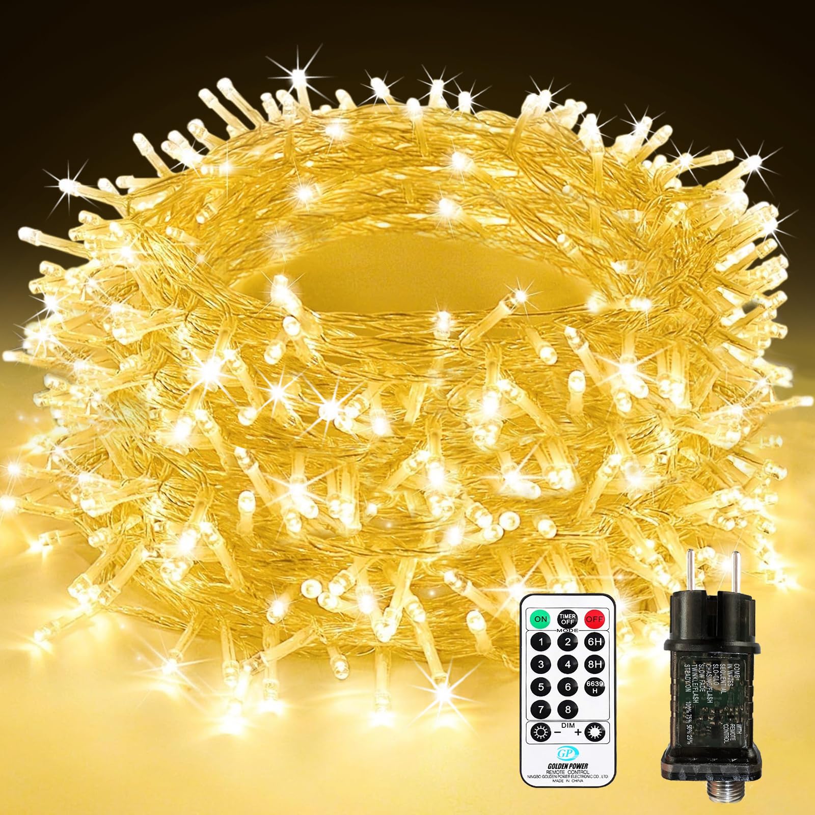 Bowfar Catena Luminosa LED, 60M 600 LED Luci Natale Esterno con Telecomando e Funzione Memoria, 8 modalità, Impermeabile IP65 Luci Albero di Natale per Interni Giardino Feste Matrimoni, Bianco Caldo