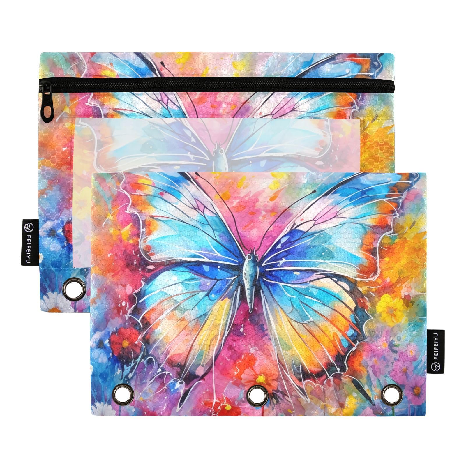 Eye-Catch Butterfly Personalized Flip Folder Two Pack 3 Ring Binder Pocket Clear Top Binder Pencil Pouches