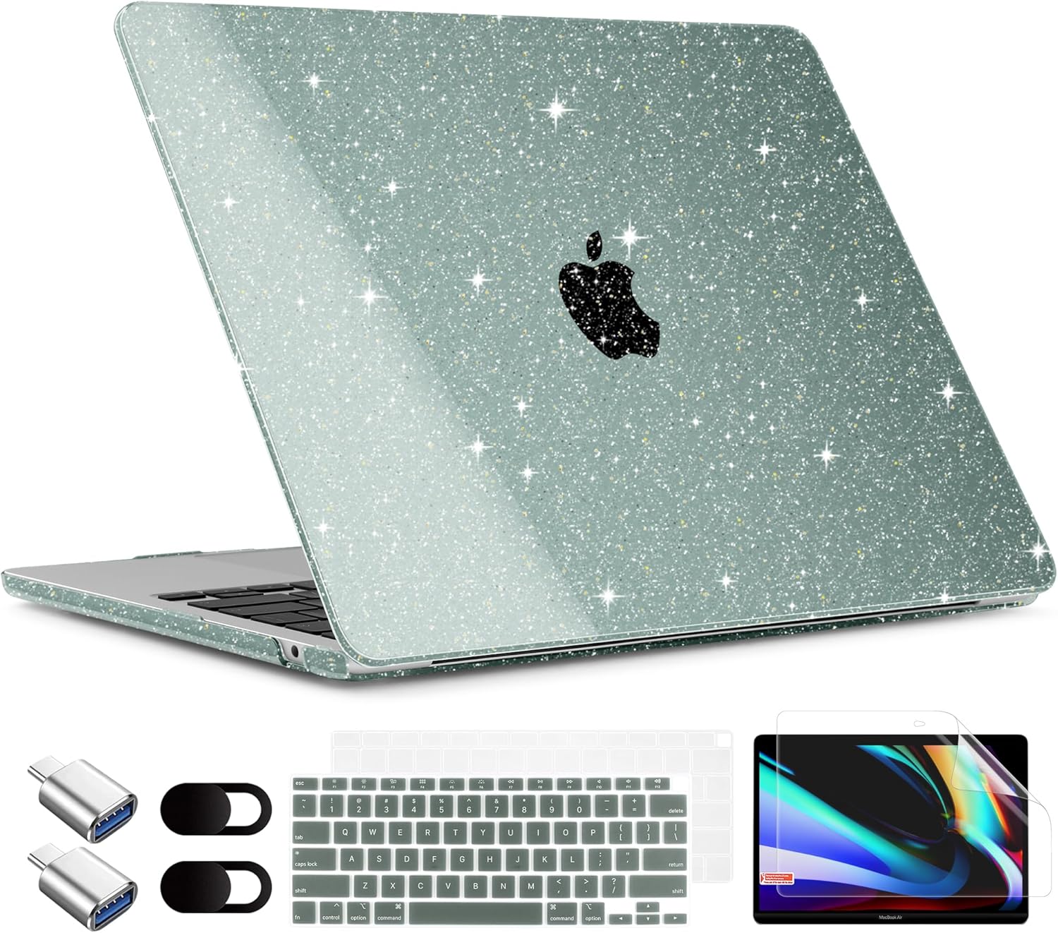 TWOLSKOO for MacBook Air 13.3 inch Case 2021-2018 M1 A2337 A2179 A1932 with Retina Display, Plastic Hard Shell Case with Keyboard Cover & Type C Adapter 2 Pack & Camera Cover, Glitter Midnight Green