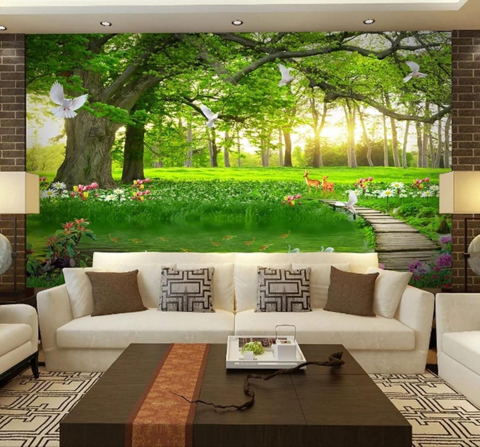 Tzxztt Fresh Green Woodland Fawn Natural Landscape Modern 3D Wallpaper Premium Textured Silk Neutral Tones Material Ideal for Living Room Bedroom-430cm×300cm
