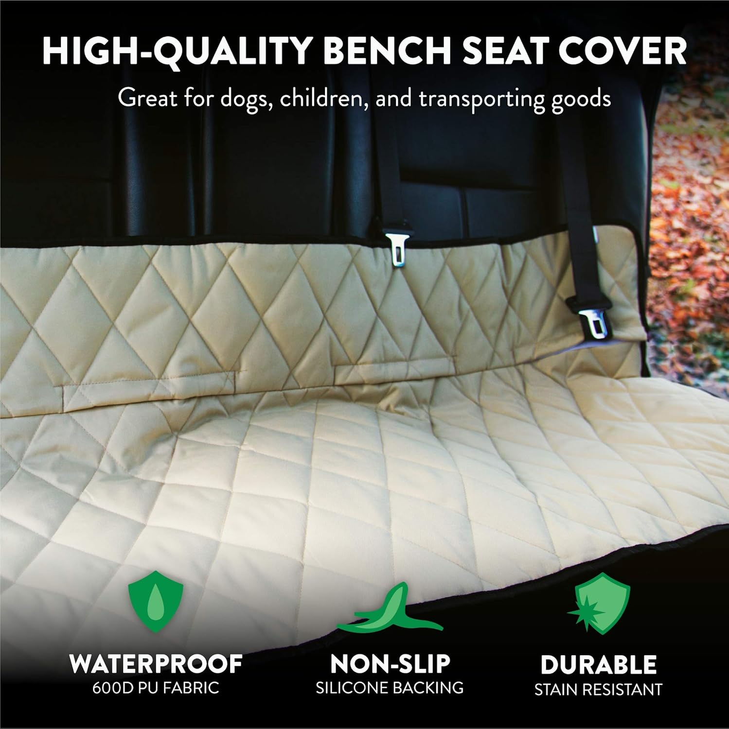 Plush Paws Products Premium Just Bench Car Seat Protector | Diamond Stitching | Washable & Waterproof Bench Seat Dog Cover Car, Truck, & SUV | Nonslip, Tear Resistant Pet Seat Cover | Tan