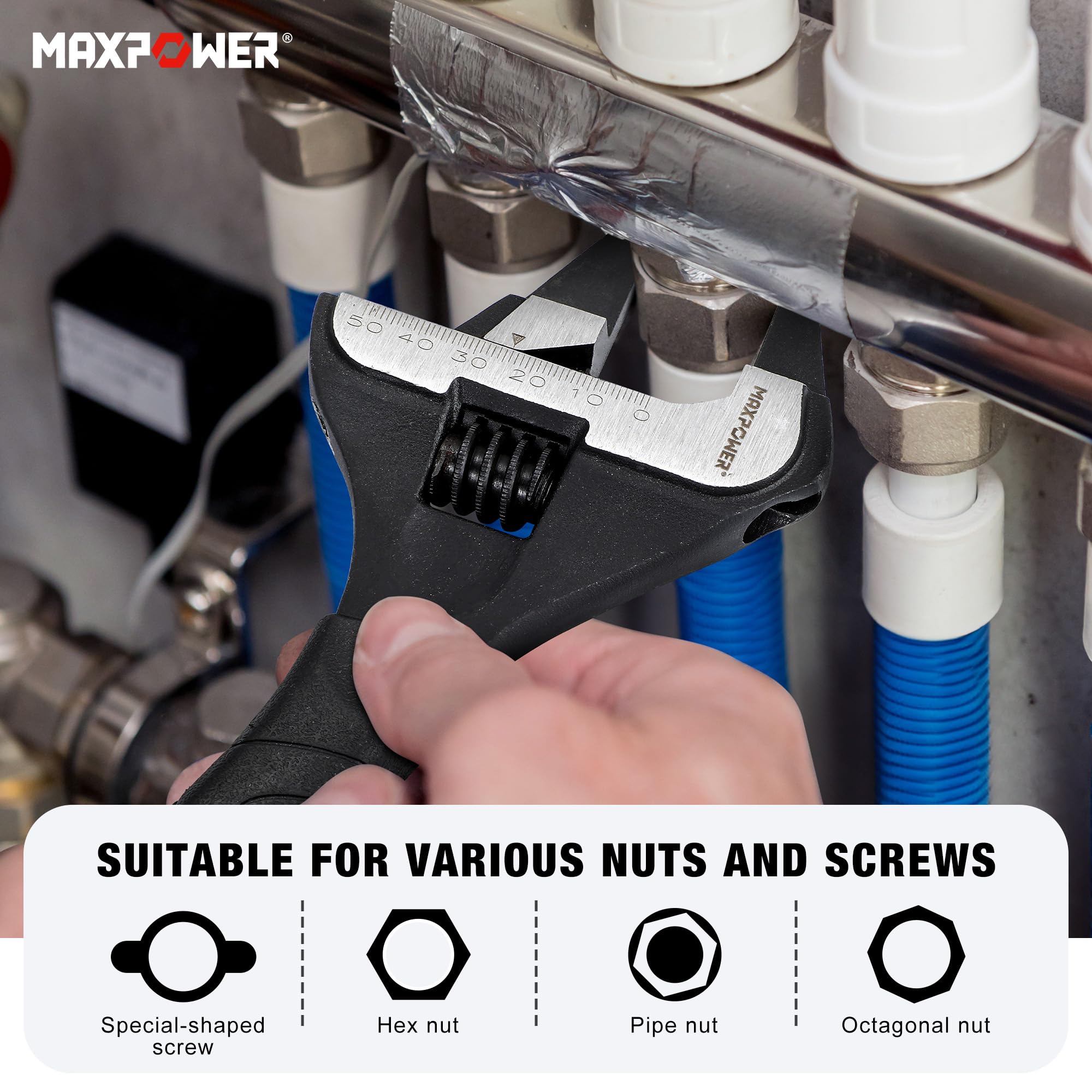 MAXPOWER Llave ajustable de mandíbula delgada, juego de llaves ajustables de apertura ancha de 2 piezas, llaves ajustables de 6 y 10 pulgadas, mandíbula fina, mango de agarre suave