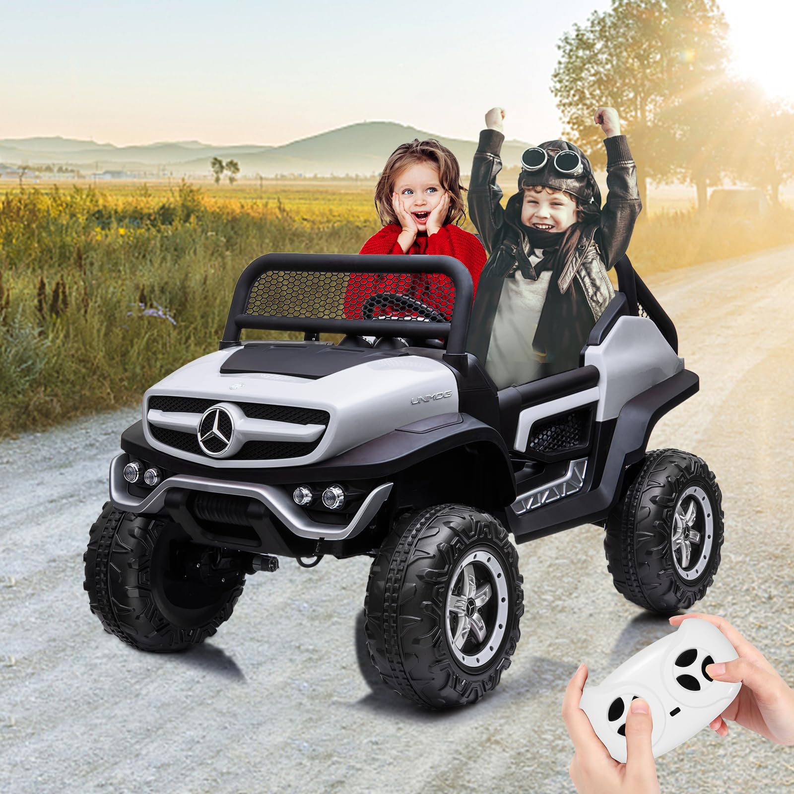 GarveeLife 24V 2 Seater Kids Ride On Truck Car Licensed Mercedes Benz Electric Ride On Toy Battery Powered Vehicle for Toddles with Remote Control, Battery Display, Trunk, Spring Suspension,