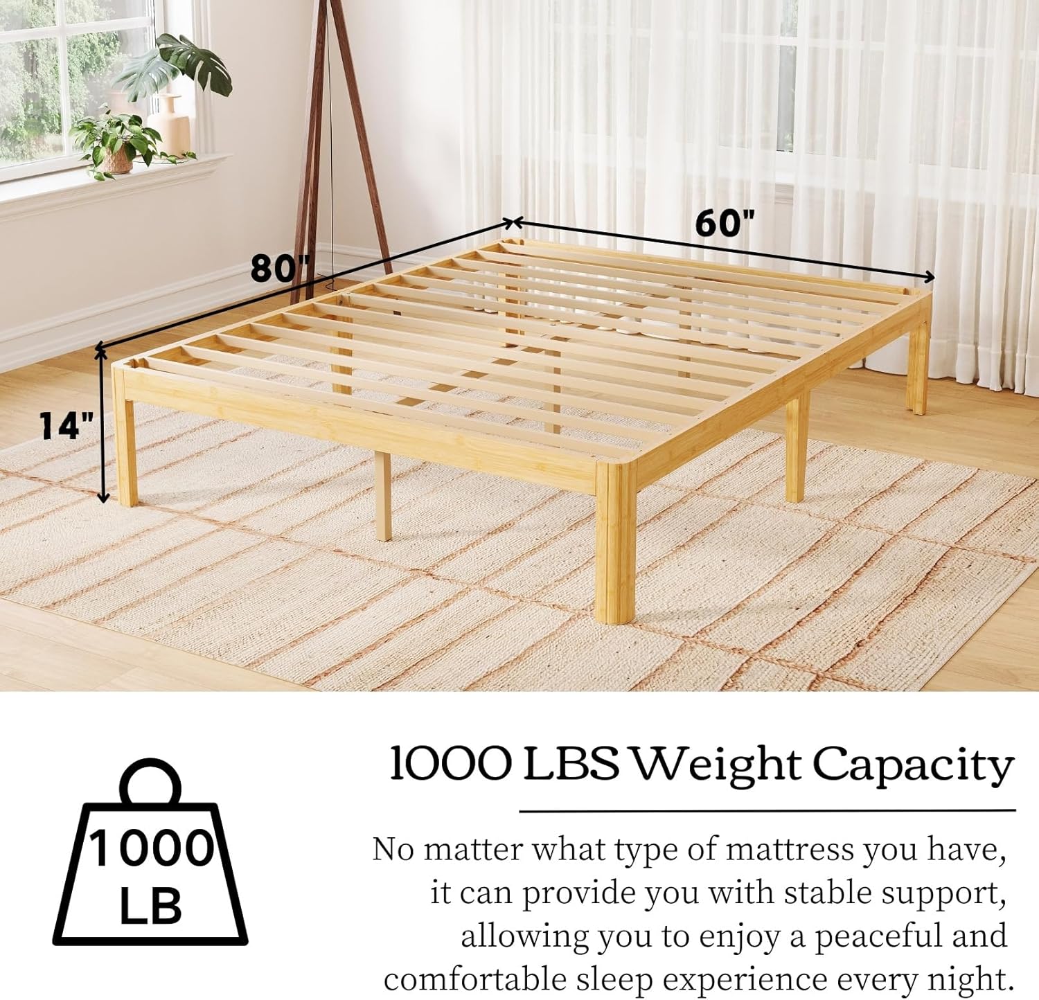 14 Inch Bamboo Wood Queen Size Bed Frame with Iron Leg Design, Metal Slat Support Bed Frame Queen Size Heavy Duty, No Box Spring Needed, Easy Assembly, Noise Free, Reinforced - Image 2