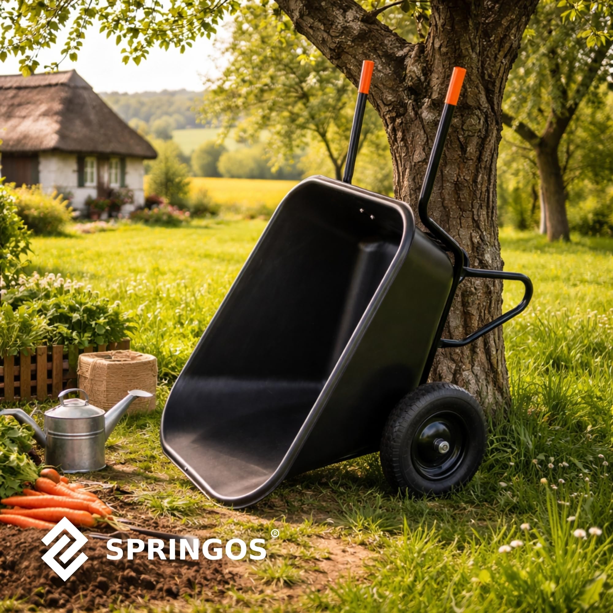 SPRINGOS - Brouette de jardin 300 litres à deux roues, capacité 160 kg, roues pneumatiques, bac en plastique, montage facile, pour travaux de jardinage et de construction