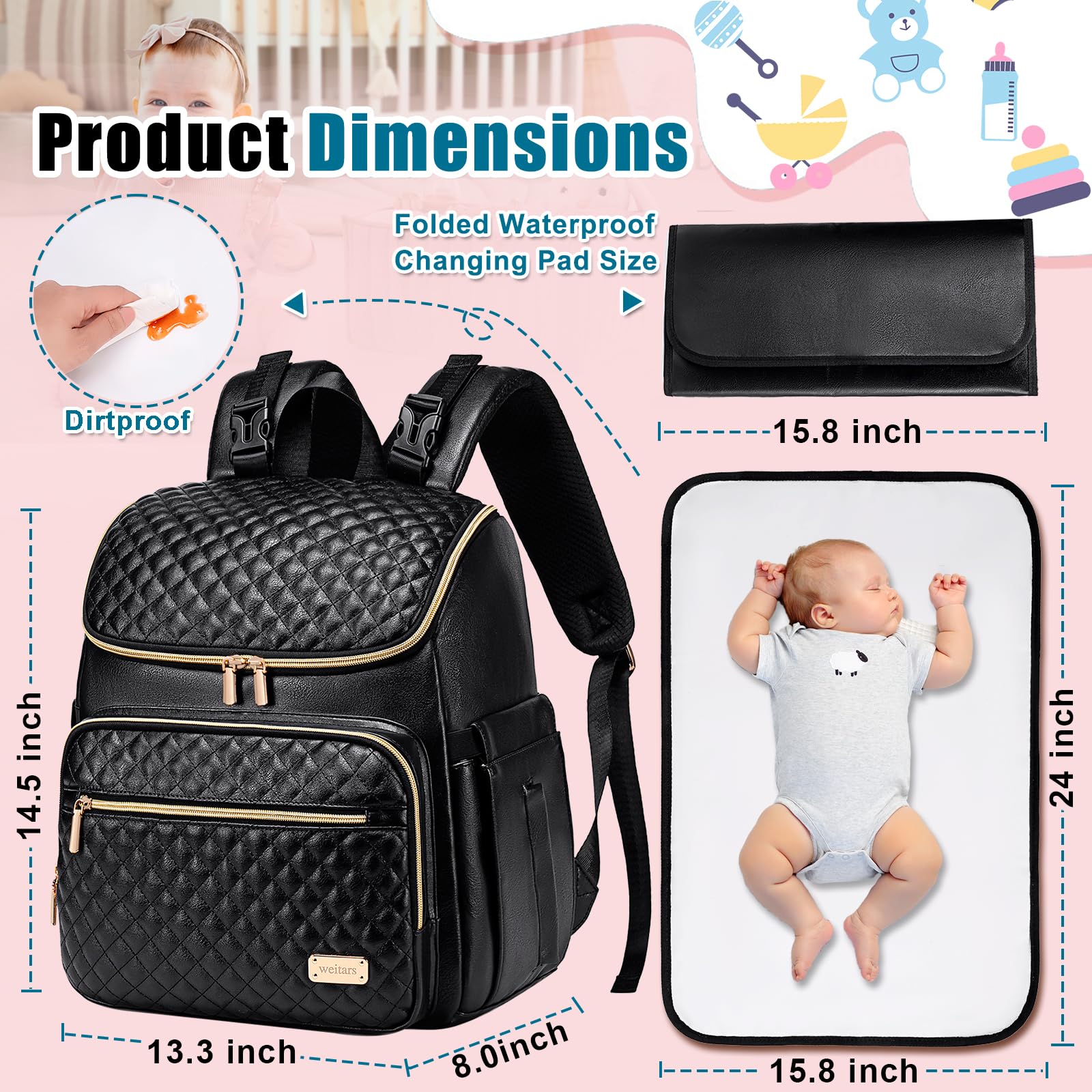 Weitars Mochila para pañales para bebé con cambiador, mochila para pañales de viaje, bolsa de bebé para mamá, 5 bolsillos aislados