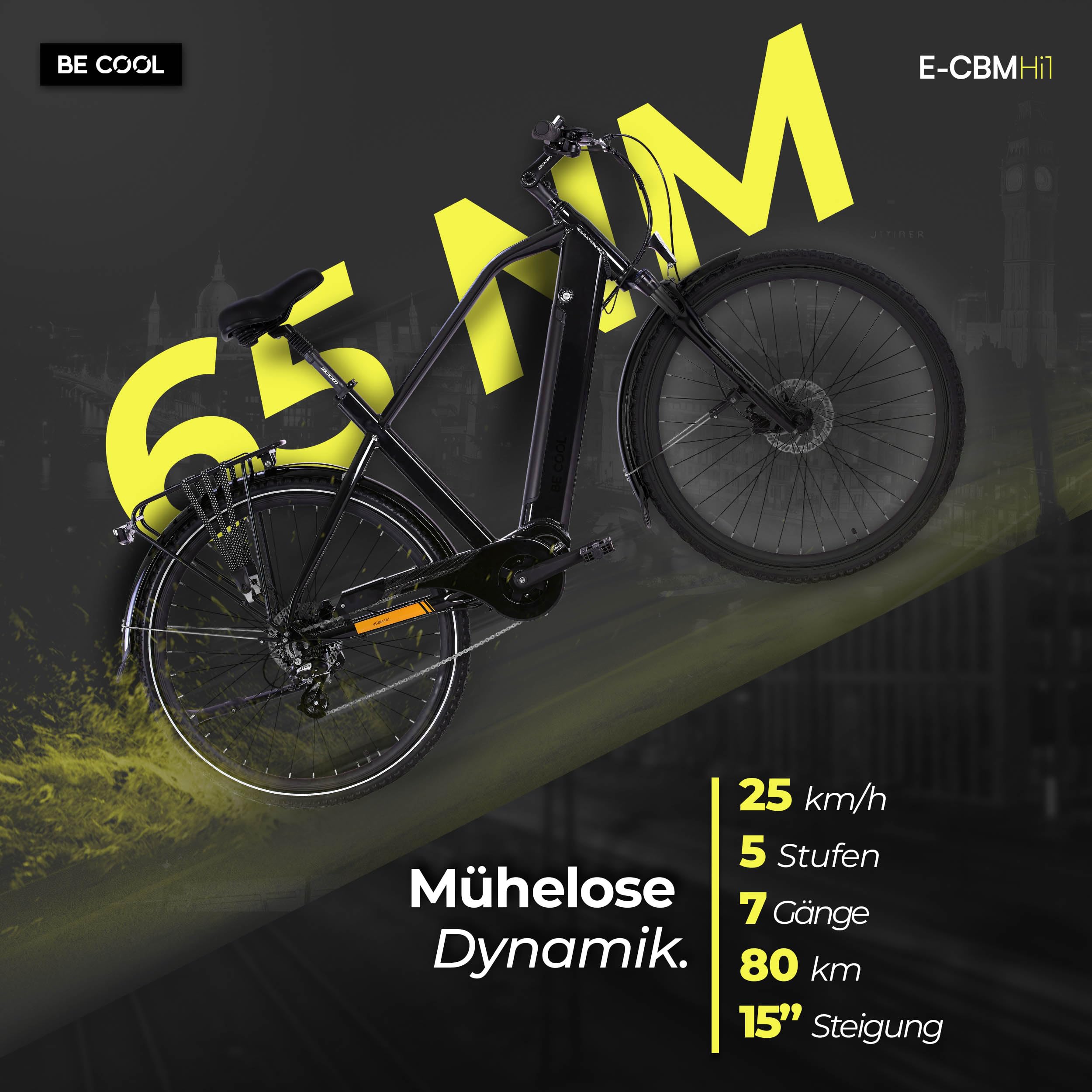 Be Cool eCBM-Hi1 Herren E-Bike 28 Zoll 500Wh 36V 14Ah Samsung Akku, Bafang M200 Mittelmotor 250W 65Nm, Shimano Acera 7-Gang, Hydraulische Scheibenbremsen, City Trekking Pedelec