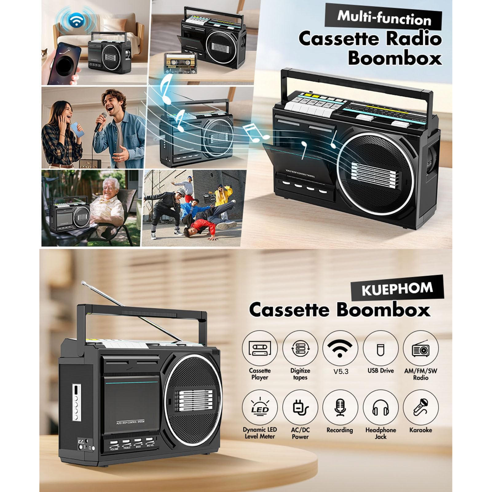 Annadue Magnetofon Kasetowy z Bluetooth, Boomboxy Stereo z Radiem AM FM SW, Konwersja Taśmy USB, Wbudowany Mikrofon, do Odtwarzania nagrań Muzycznych w Domu (Wtyczka UE 220 V)