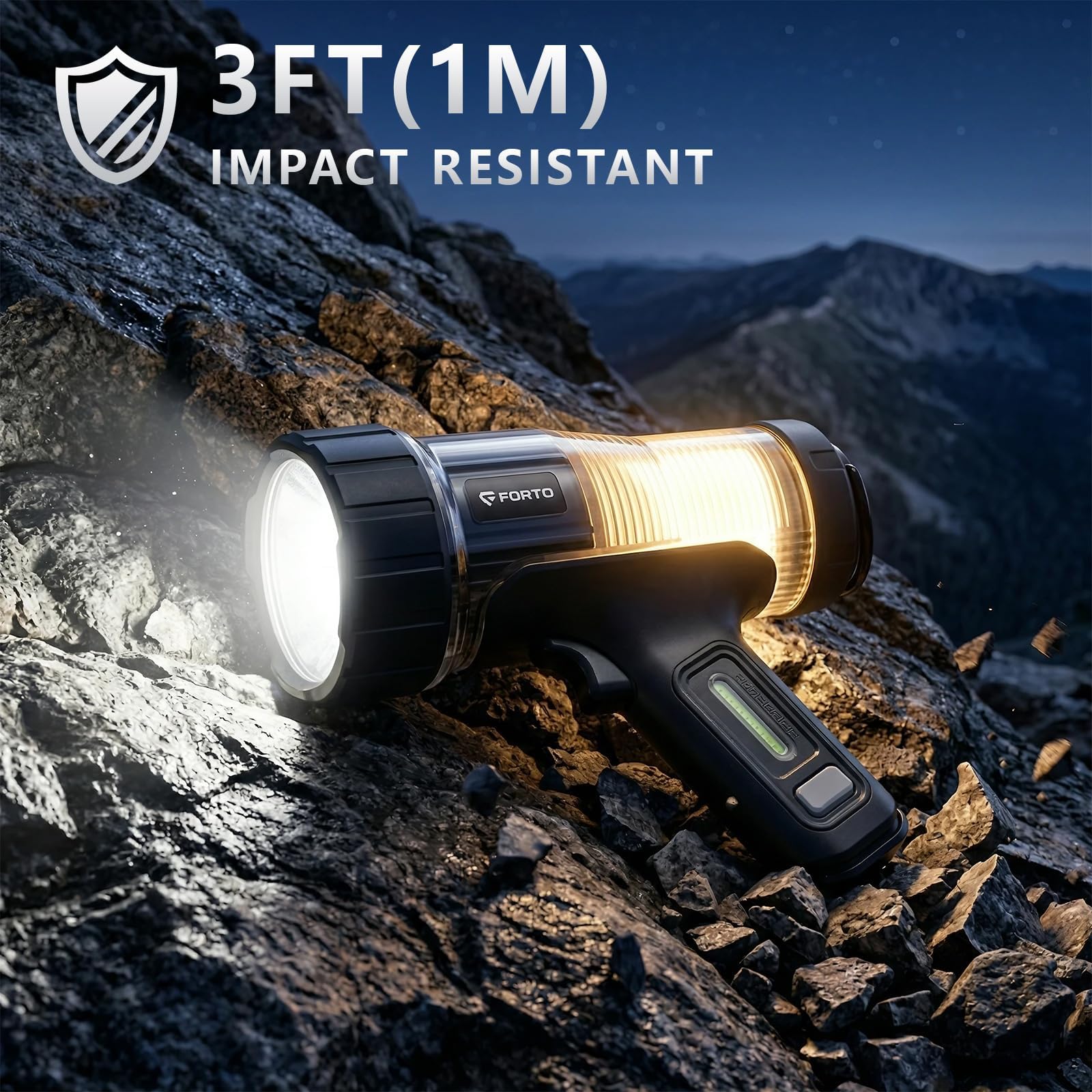 FORTO Wiederaufladbarer Strahler, 550 m Leuchtweite, 5000 Lumen und IPX8 wasserdicht, 12,2 m Tiefe, warme Campinglaterne, perfekt für Spaziergänge mit dem Hund, Camping, Abenteuer, Heim-Backup
