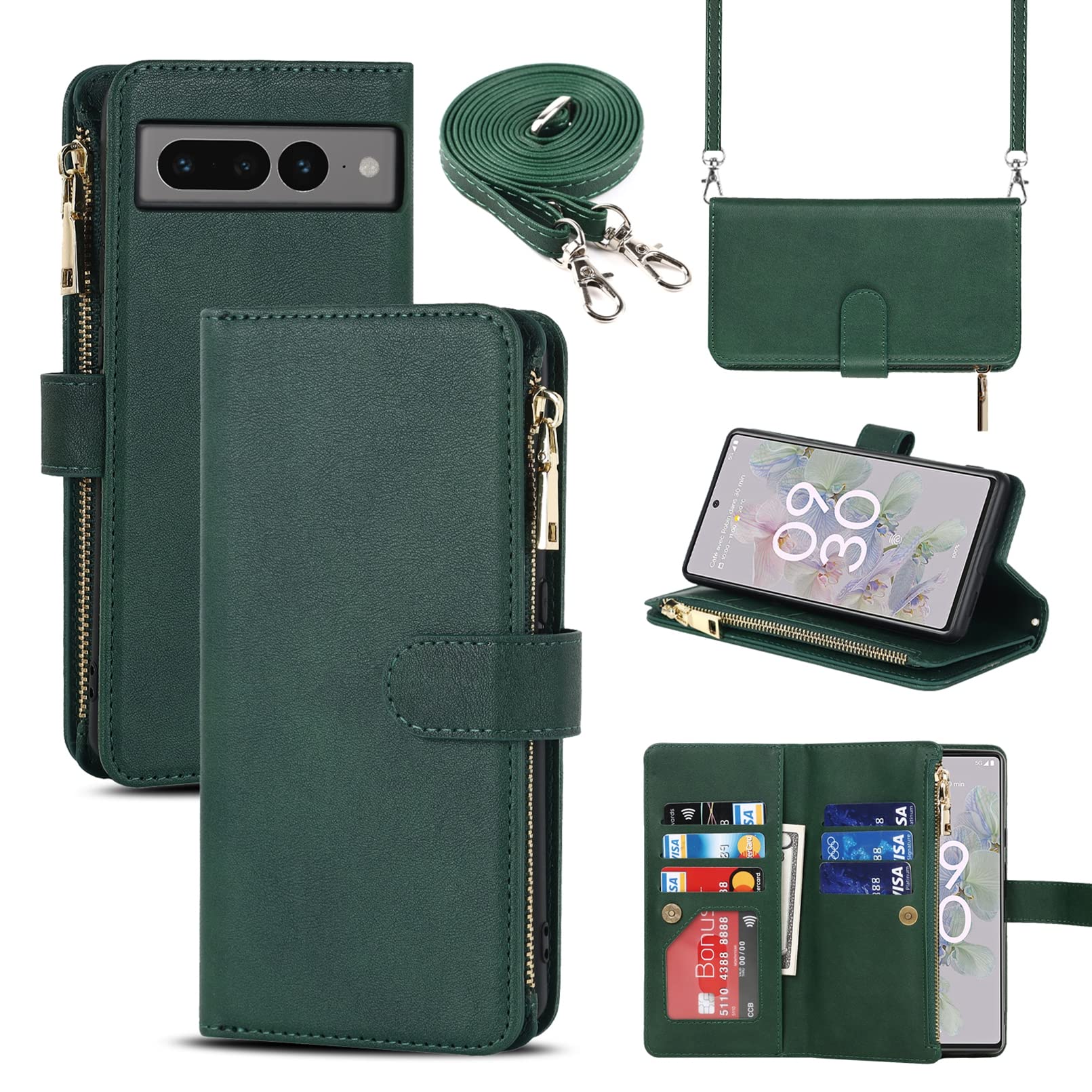 Jaorty for Google Pixel 7 Pro Phone Case Wallet for Women with Crossbody Strap Lanyard,Pixel 7 Pro Wallet Case with Card Holer,Zipper Pocket PU Leather Phone Case for Pixel 7 Pro,Dark Green