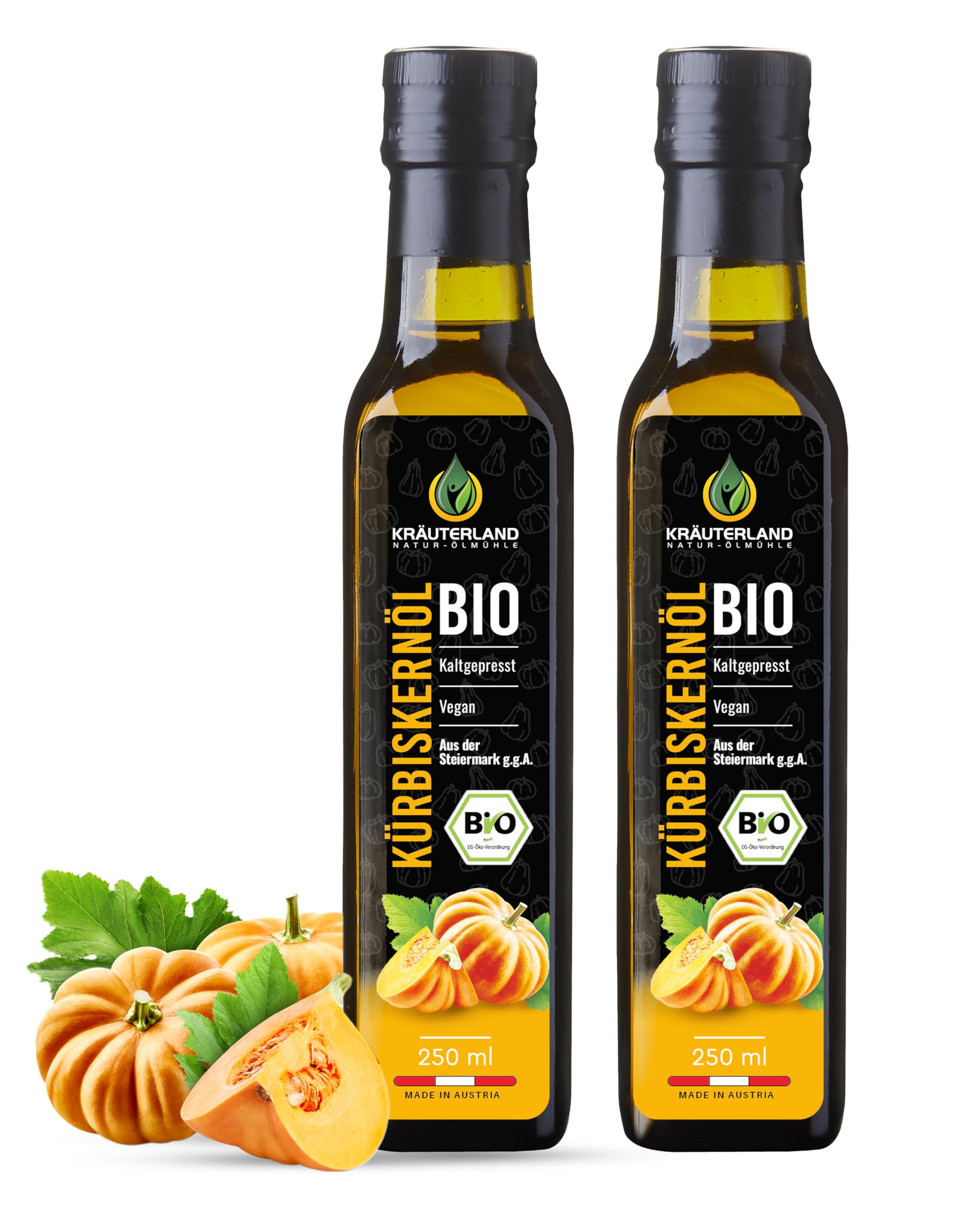 Kräuterland Bio Kürbiskernöl 2X250ml (500ml), Original steirisches Kürbisöl aus gerösteten Kürbiskernen, naturrein ohne Zusatzstoffe, Vegan & GVO-frei