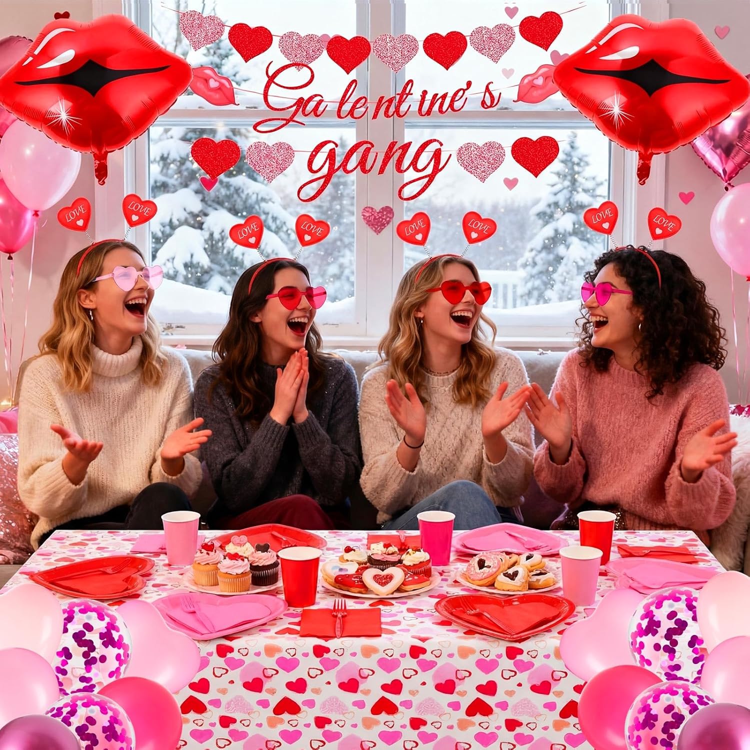 Ceenna 90 Pcs Galentines Day Party Decorations Galentine's Gang Banner Disposable Heart Shaped Plates Napkins Paper Cups Lip Balloons Tablecloth Headbands Glasses Supplies Serve for 12 Guests