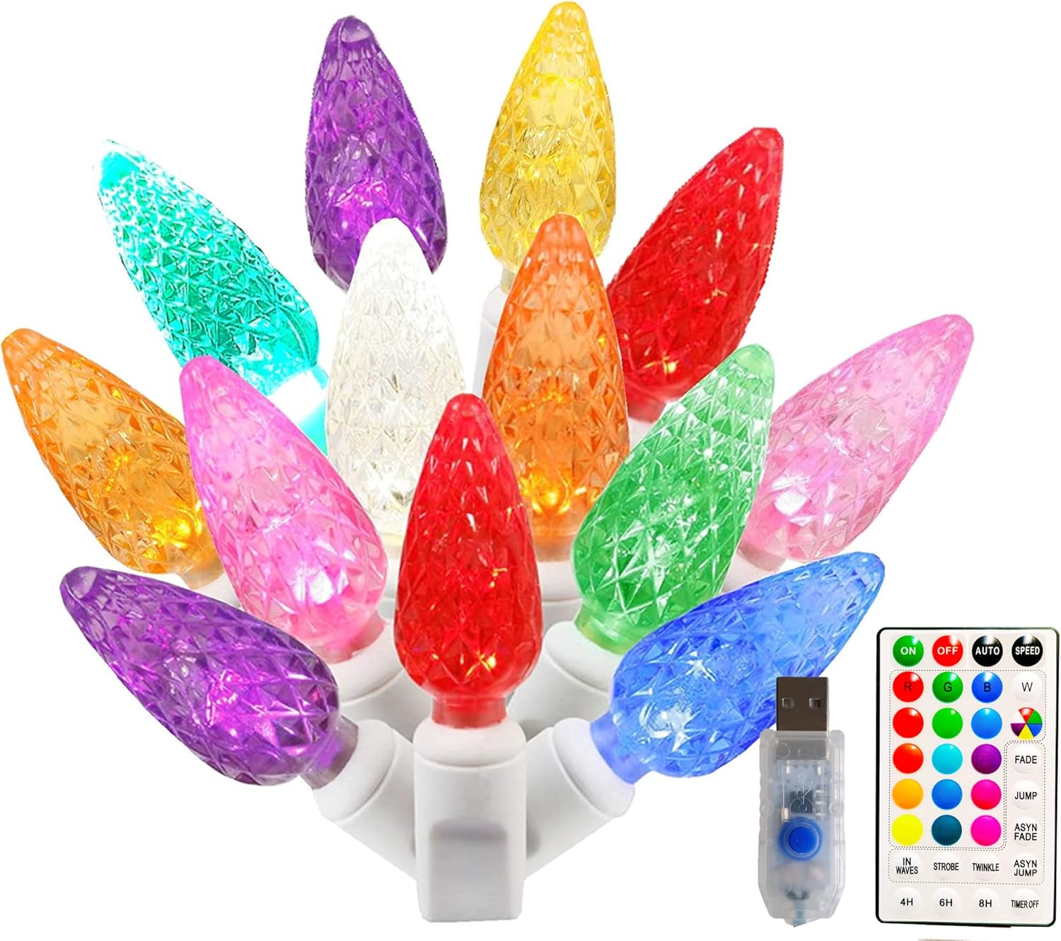 RGB C6 Christmas Lights,16ft 50 LED Color Changing Strawberry String Lights USB Plug in with Remote Timer for Outdoor Indoor Wedding Party Bedroom Holiday Decor