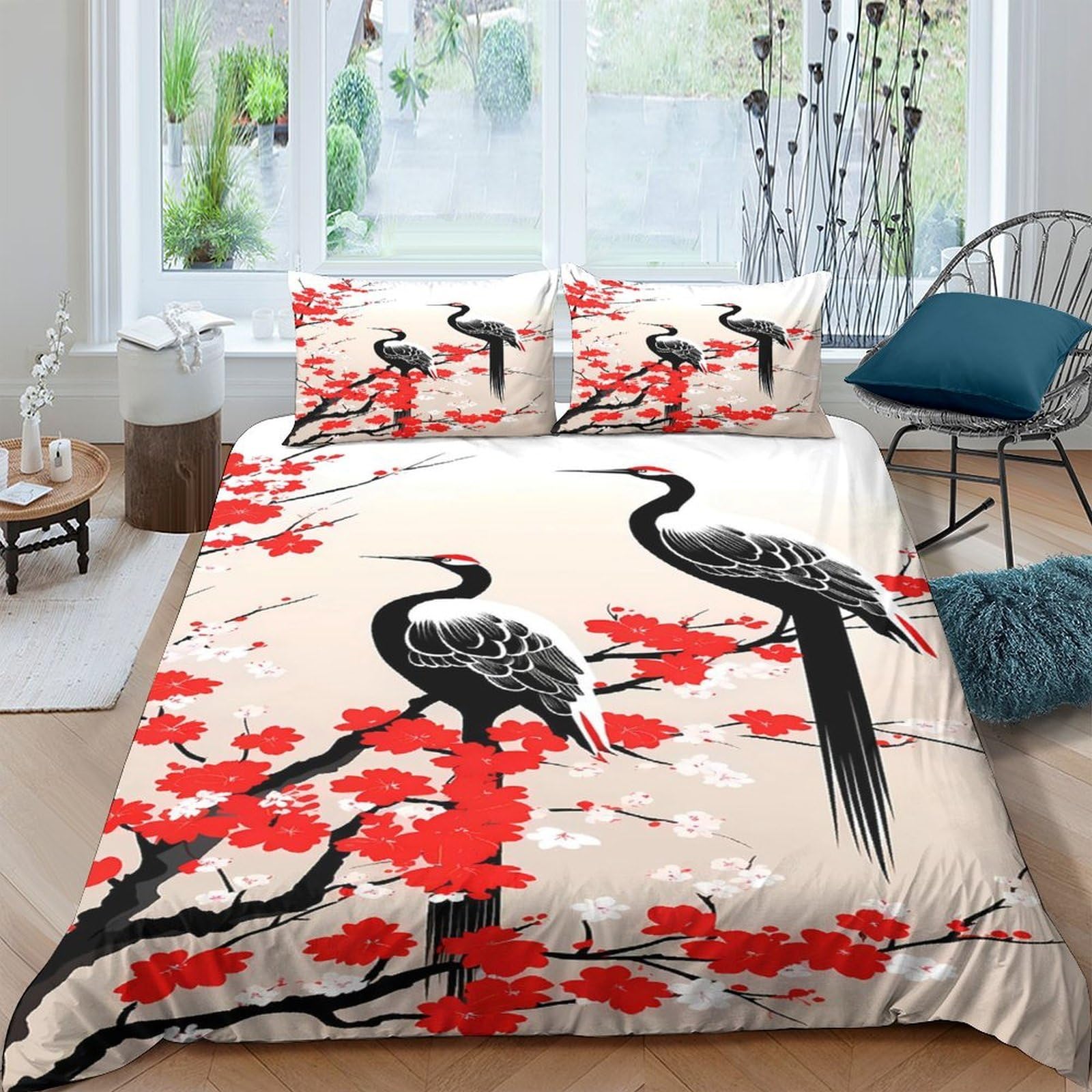 Ctjqhvkz Style-9 3D Printed Red Sakura Crane Fitted Sheet Microfiber Soft Anti-Slip Art Mattress Cover Bedroom Decor Single（135X200cm）