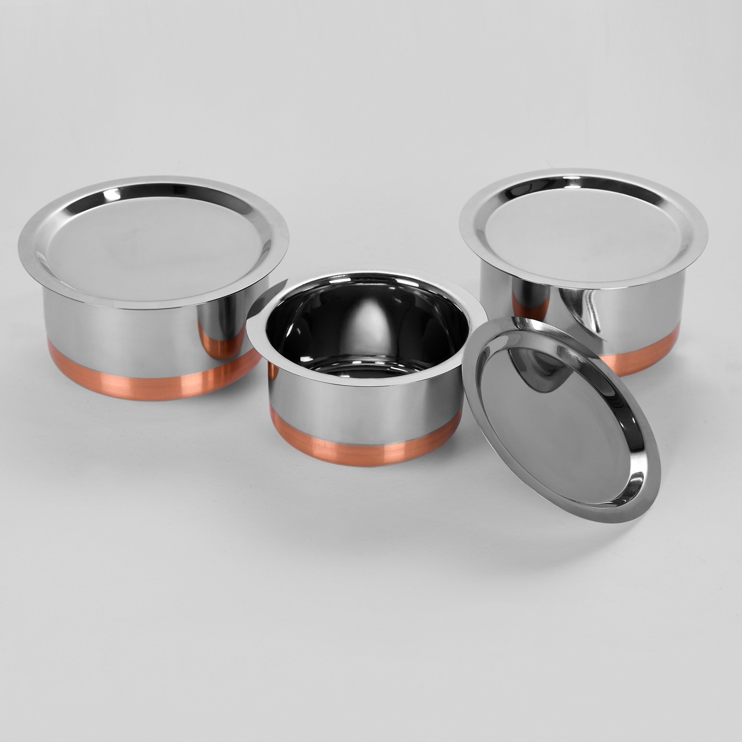 Sumeet Stainless Steel Copper Bottom Cookware/Container/Tope Set of 3 pcs with Lids (1no 1.9L Tope with lid, 1no 2.3L Tope with lid, 1no 3L Tope with lid)