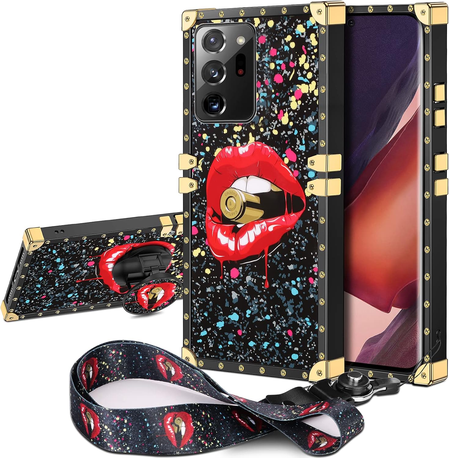 JAKPAK for Galaxy Note 20 Ultra 5G Case with Kickstand for Girl Women TPU Luxury Case with Strap Shockproof Protective Heavy Duty Reinforced Corners Case for Galaxy Note 20 Ultra 5G 6.9inch Lip Black
