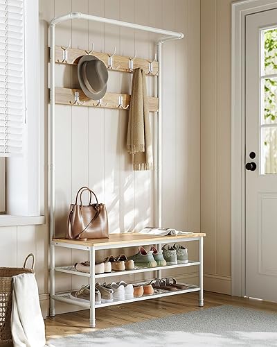 Miniatura 2 de VASAGLE Perchero, árbol de pasillo con banco de almacenamiento de zapatos para entrada, con 9 ganchos, un zapatero, una barra para colgar, 16.3 x
