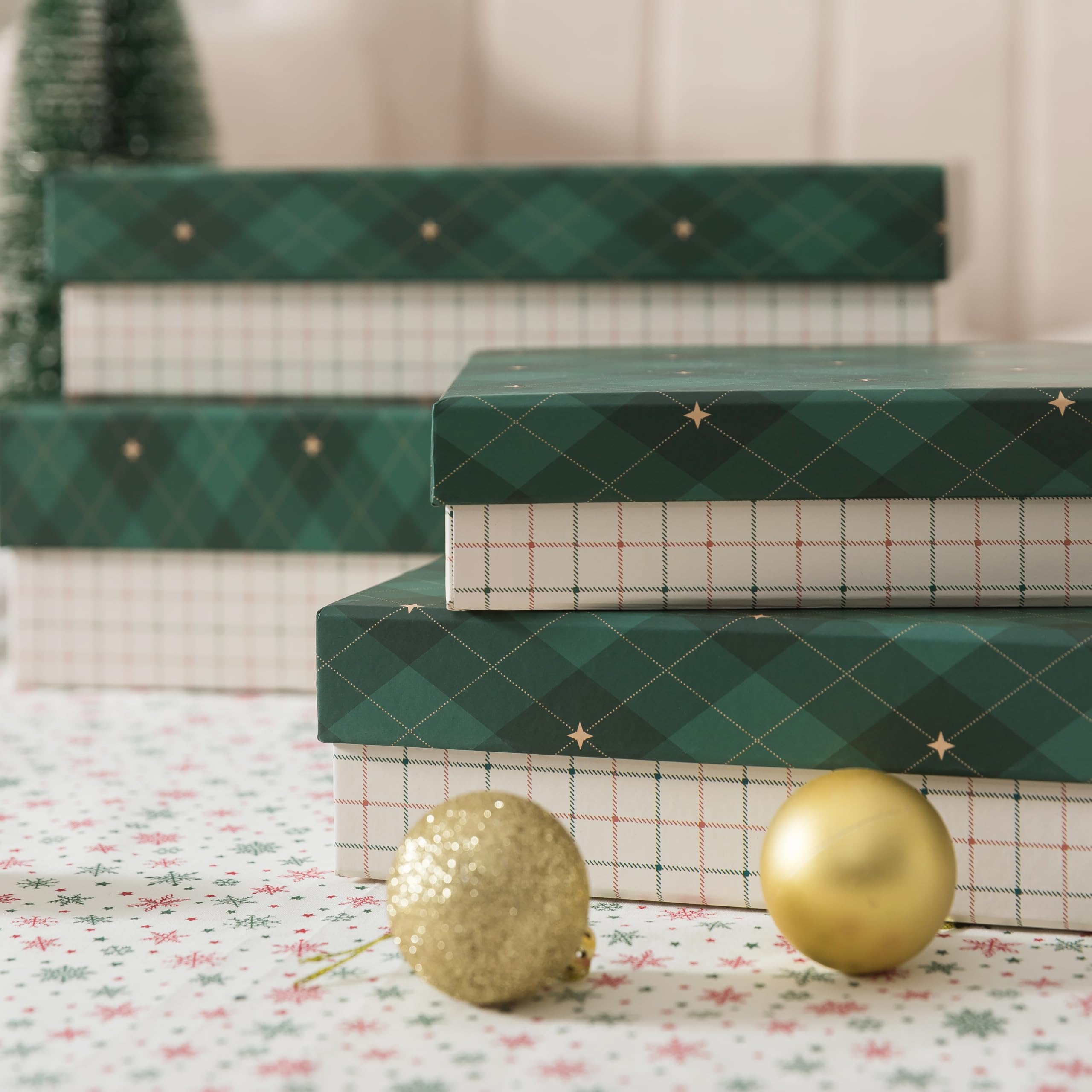 Soul & Lane - Lot de 4 boîtes cadeaux de Noël à carreaux avec couvercles, boîtes de vacances