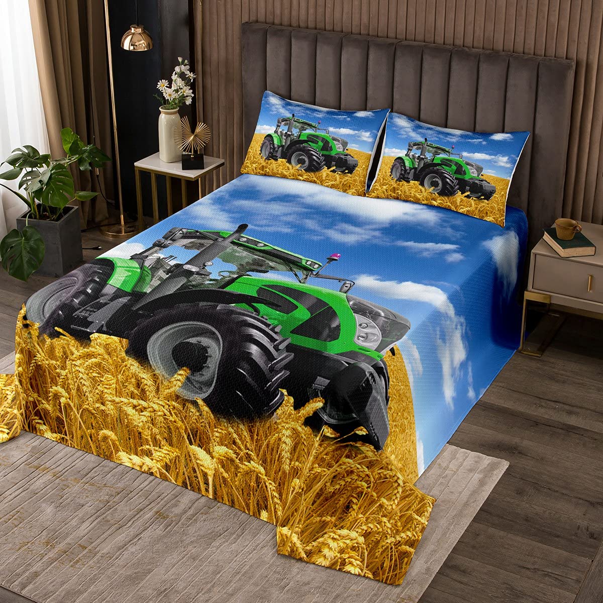 Wheatfield Combine Copriletto Trapuntato per Trattore per Ragazzi - Blu Verde Oro 100% Microfibra Trapunta Fattorie 170X230cm