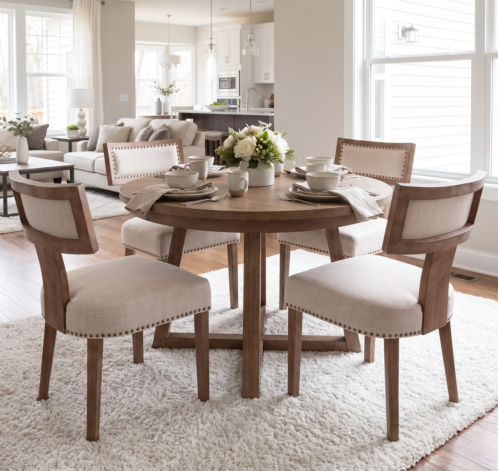 RIVOVA Mid Century Modern Dining Chairs Set of 4 Upholstered Linen Fabric Kitchen Dining Side Chairs with Nailhead Trim, Modern Kitchen Armless Solid Wood Dining Chairs, Beige