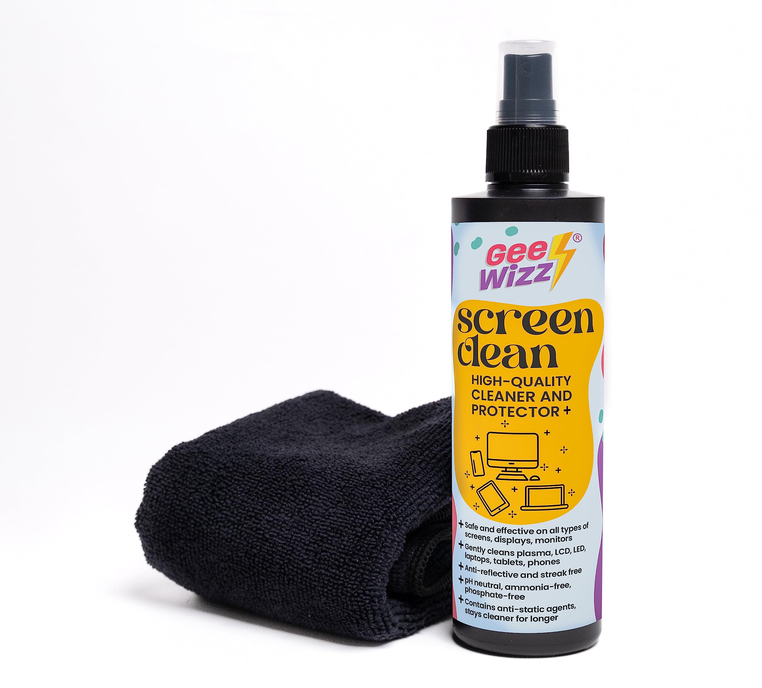 Gee-Wizz Screen Clean - Kit 250 ml Spray Pulisci Schermo con Panno Microfibra - Detergente Per Tutti Tipi di Schermo, Display, Monitor di Tutti i Dispositivi. Senza striature e Anti-Polvere