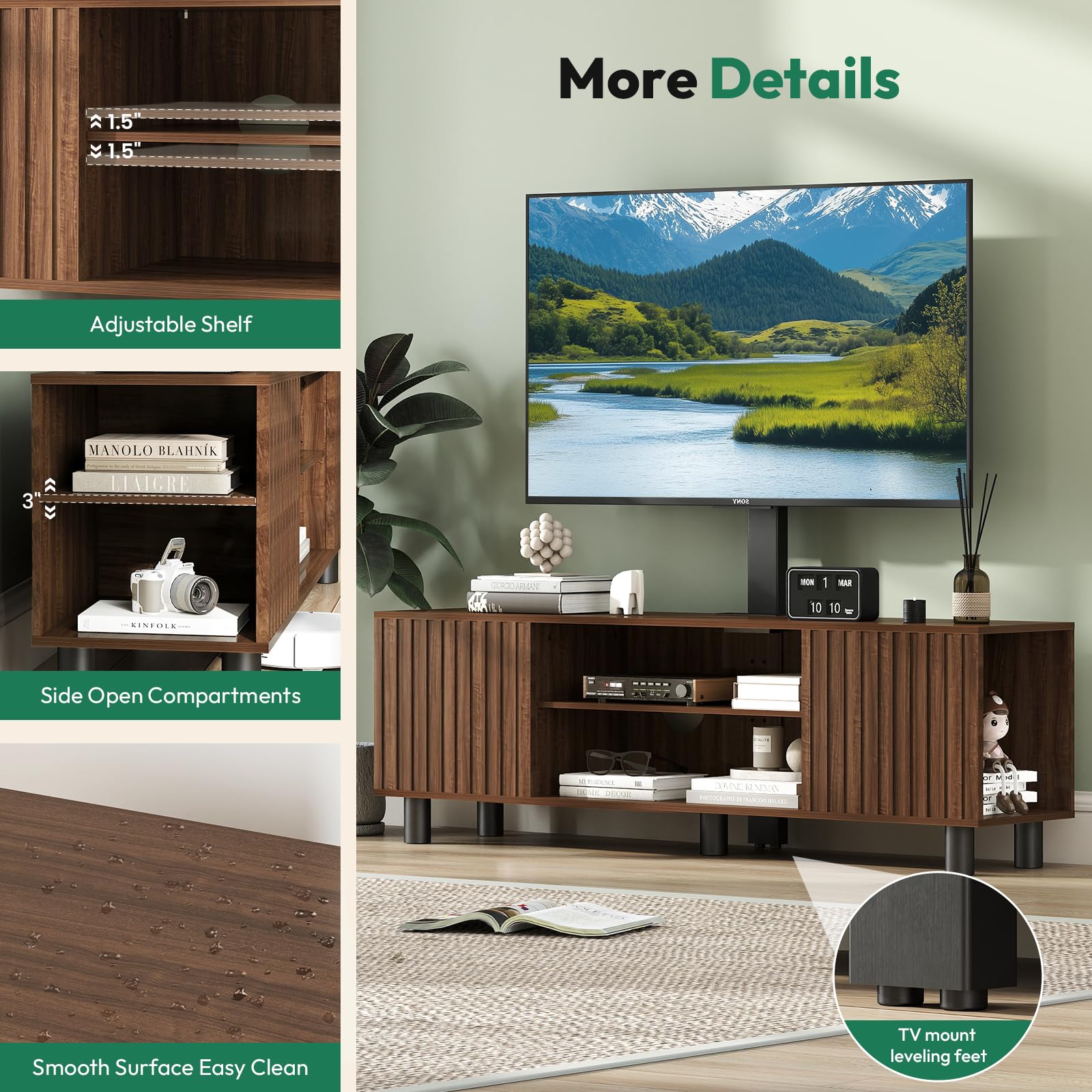 TV-Stand with Mount and Power Outlet, Fluted TV Stand for 65 70 75 Inch TV, Entertainment Center with Storage, Media Console Table for Living Room, Walnut
