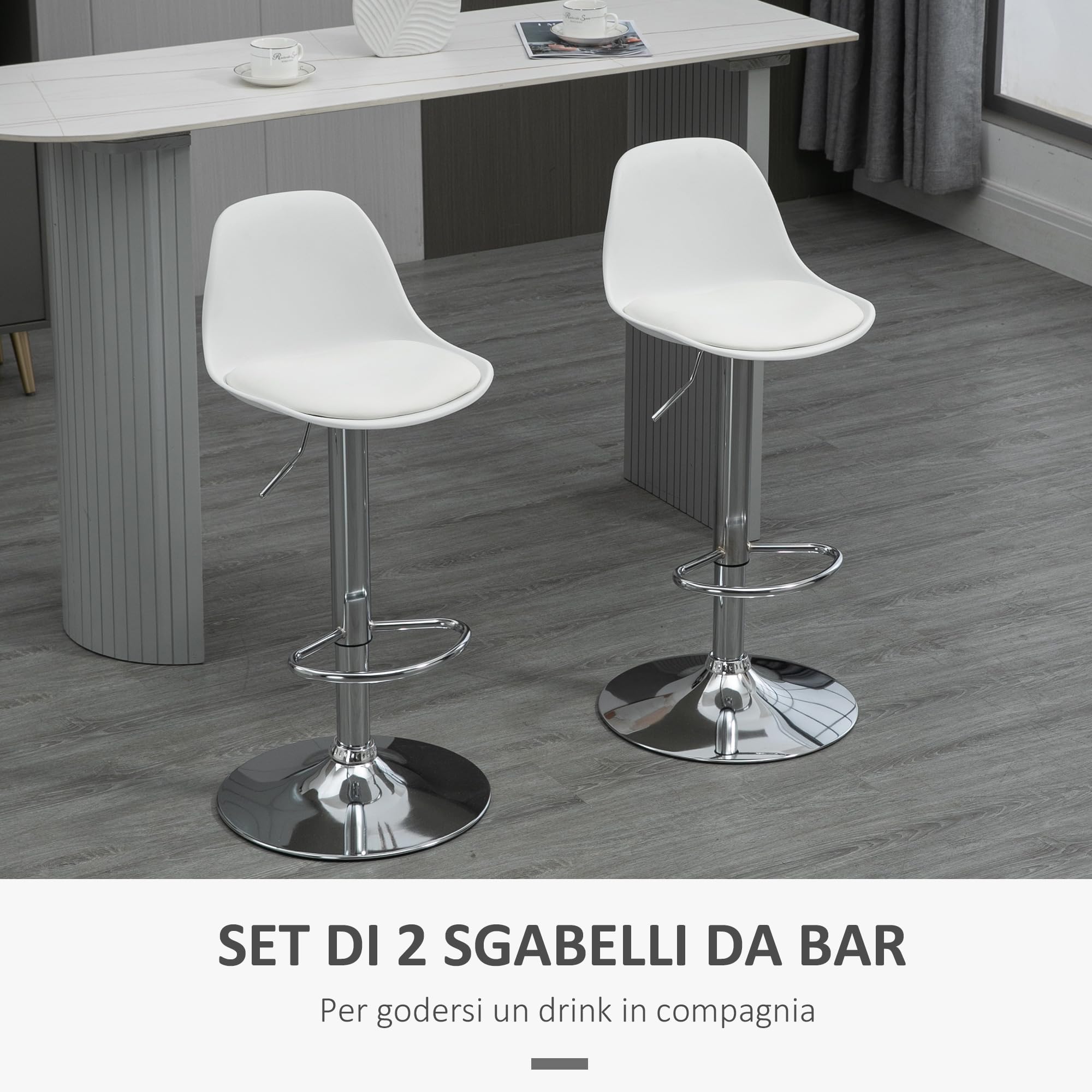 HOMCOM Set 2 Sgabelli Bar con Altezza Regolabile con Schienale Bianco | Sedie Bar Alte in PU, con Schienale, Poggiapiedi e Seduta Morbida, Struttura in Acciaio, Girevoli a 360°, per Penisola