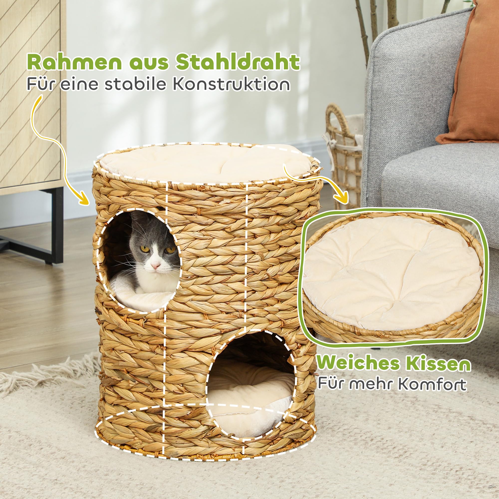 PawHut Barril rascador alto 50 cm, 2 cuevas, rascador cojín, torre agua, para gatos hasta 3,5 kg, marrón claro