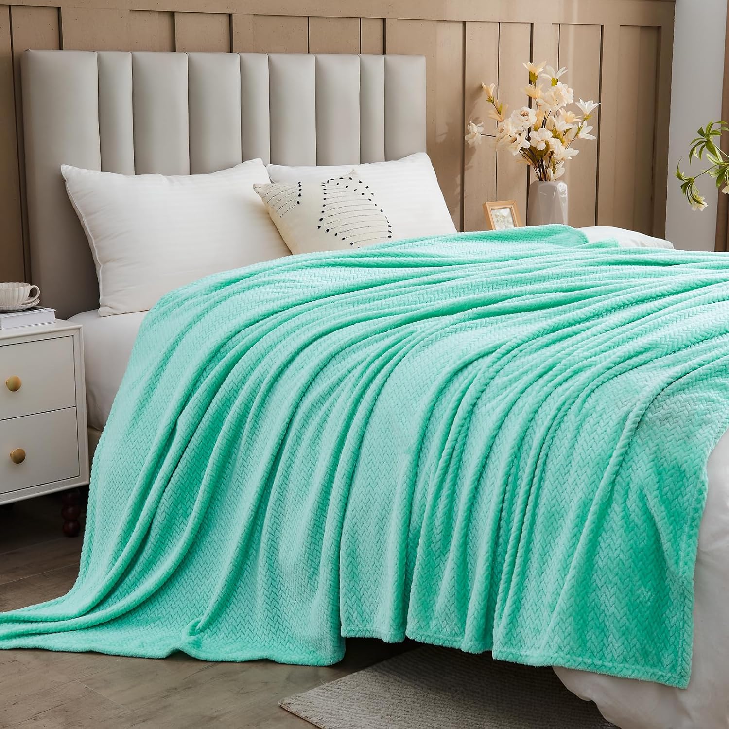 NEWCOSPLAY Super Soft Throw Blanket Aqua Premium Silky Flannel Fleece Leaves Pattern Lightweight Bed Blanket All Season Use (Aqua, Throw(50"x60")) - Image 8