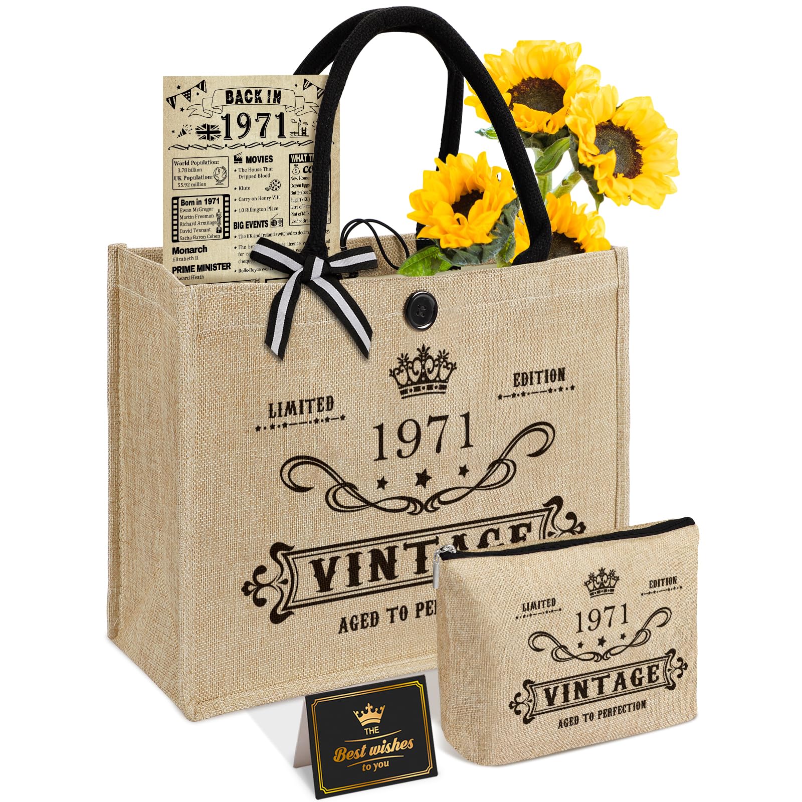 Amosking 55th Birthday Gifts for Women Jute Tote Bag, Vintage 1971 Burlap Handbag with Cosmetic Bag and Back in 1971 Poster, Unique 55 Years Old Gifts for Mum Friends Wife Sister Her โ image 1