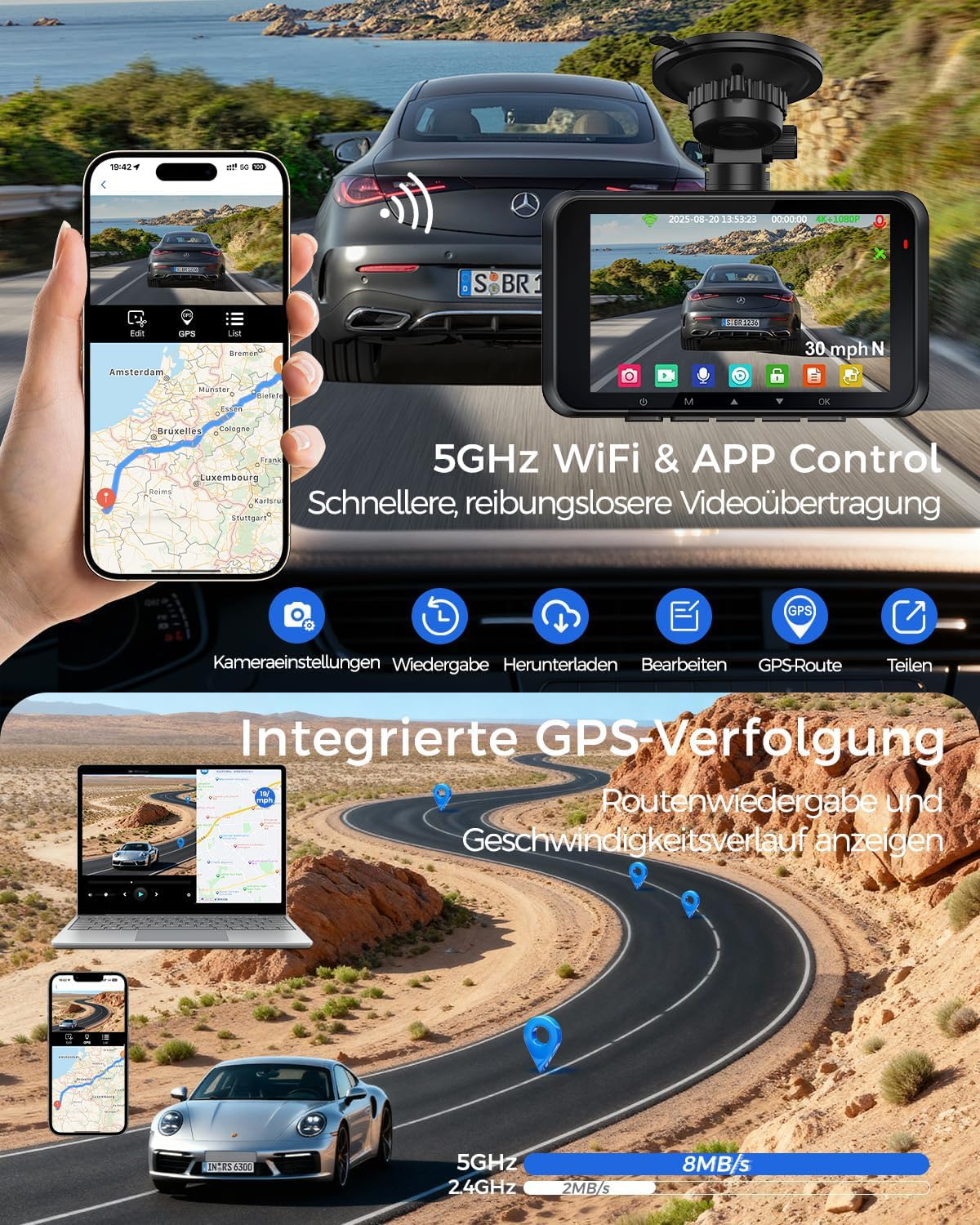 HUPEJOS 4K Dashcam Auto Vorne Hinten, Touchscreen 4 Zoll, STARVIS 2, V100