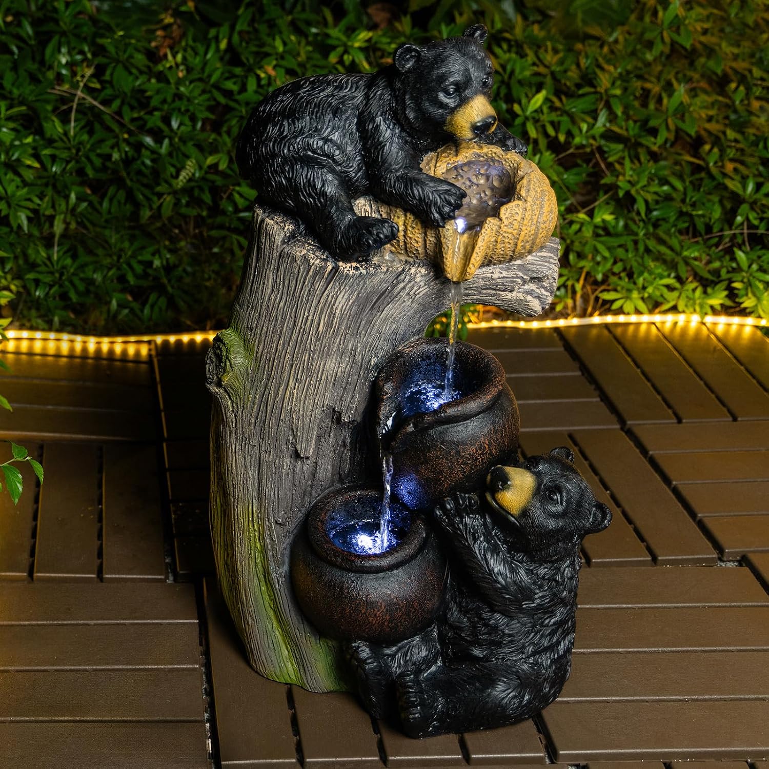 23.6" Outdoor Water Fountain with Lights, Bear Outdoor Fountains and Waterfalls, Decorative Garden Water Fountain for Patio Yard