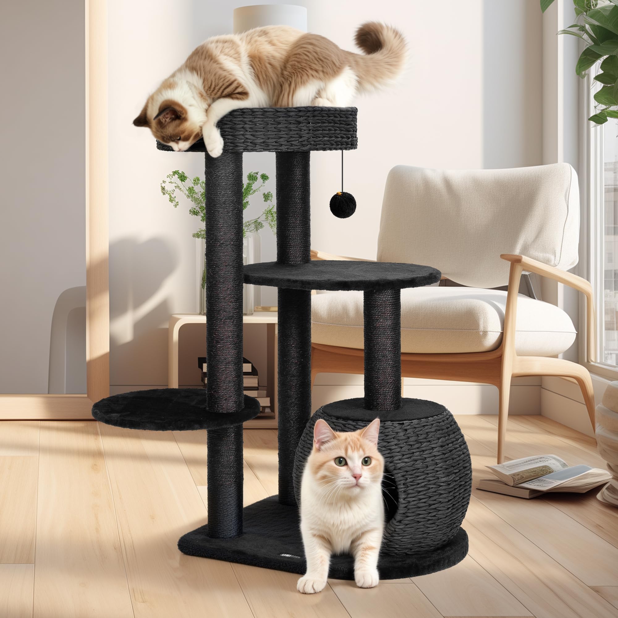 KAMABOKO Modern Cat Tree 39 inch H Black with two cats, one on top perch and one in the condo.