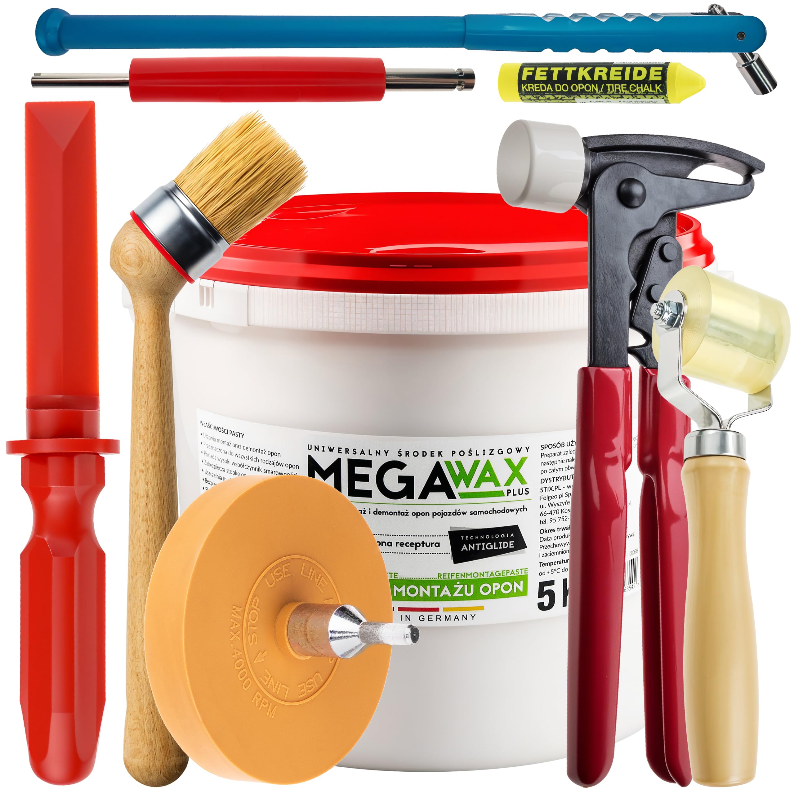 Stix Reifenmontage Set 9-TLG mit 5 kg Montagepaste und Zubehör | Montagepaste 5 kg, Auswuchtzange, Ventilwerkzeuge, Folienradierer, Andrückrolle