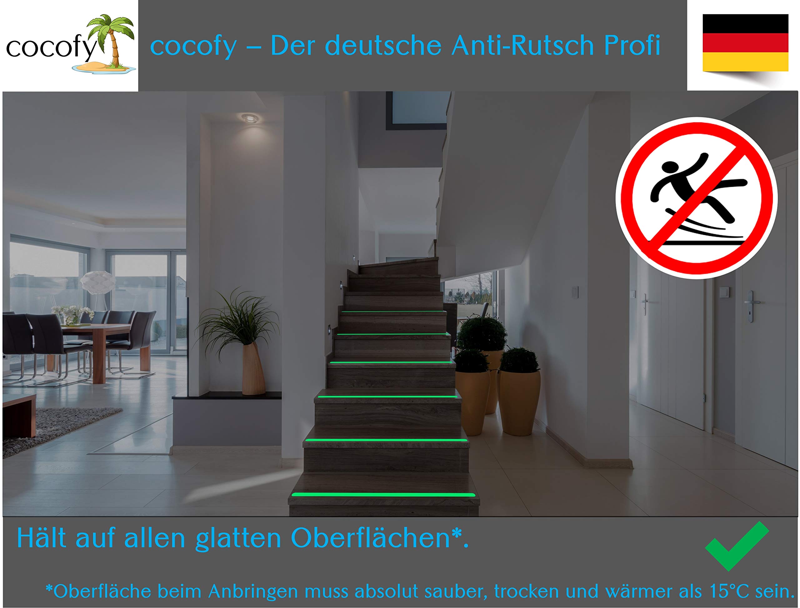 Fluoreszierende Anti Rutsch Streifen Leuchtend Aufkleber Treppe, nachleuchtendes Klebeband, XXL (75x3 cm), für Treppenstufen innen, Antirutsch Sticker - 18-Pack