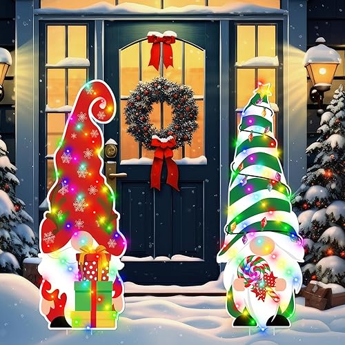 Hushee Paquete de 2 gnomos de Navidad iluminados de 44 pulgadas, estacas grandes de gnomos de Navidad con 2 luces LED impermeables para decoración