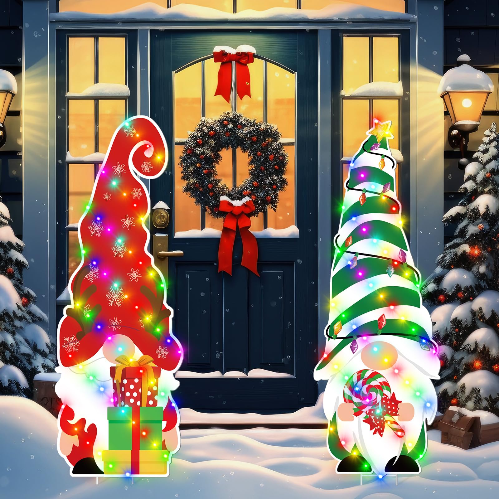 Photo 1 of 2 Pack 44 Inch Lighted Christmas Gnomes Yard Sign Large Christmas Gnome Stakes with 2 Led Waterproof Battery String Lights for Christmas Outdoor Yard Lawn Garden Decorations