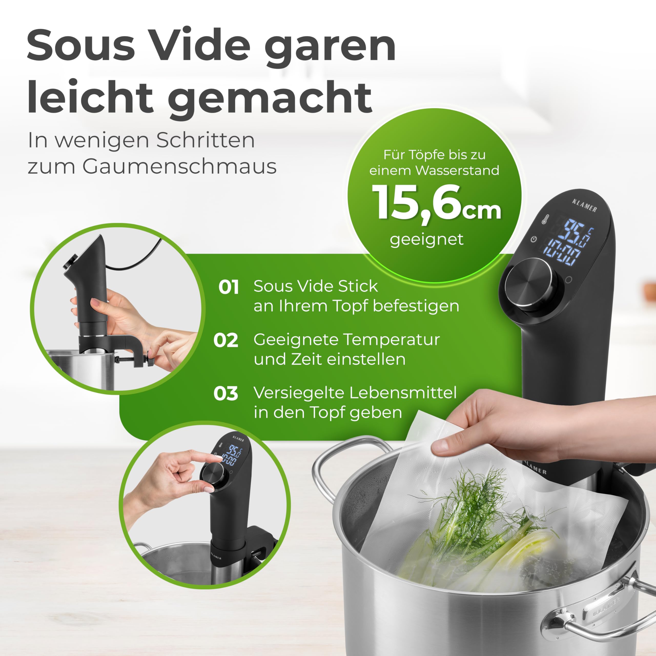 KLAMER Sous Vide Stick, 1200 Watt IPX7 wasserdichter Sous Vide Garer mit 3D Zirkulation und 20-95℃ Temperaturregelung, Schongarer Timerfunktion und LED Display