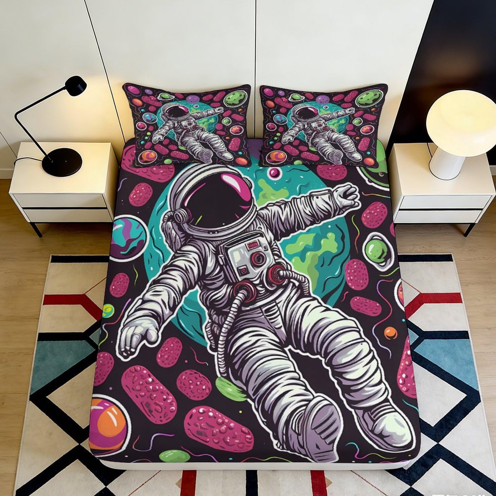 3D Printed Astronaut Fitted Sheet Microfiber Soft Breathable Space Design Mattress Cover for Bedroom Dormitory Guest Room Protection and Decor 180x200x25cm