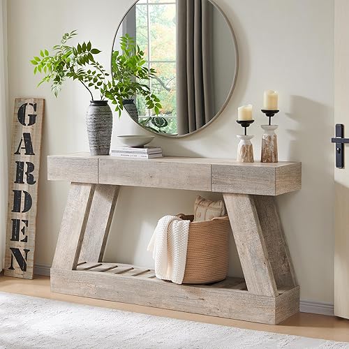 Mesa de entrada de granja de 60 pulgadas con cajón, mesa de vestíbulo de madera con base resistente (roble rústico claro)