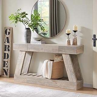 60" Farmhouse Entryway Table with Drawer, Wooden Hallway Foyer Table with Heavy Duty Base(Light Rustic Oak)