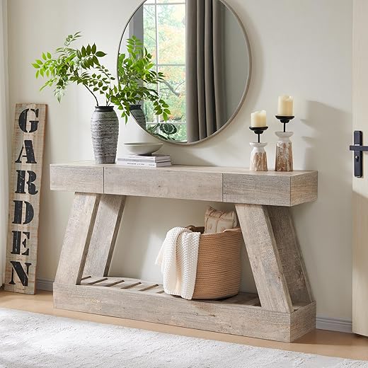 60" Farmhouse Entryway Table with Drawer, Wooden Hallway Foyer Table with Heavy Duty Base(Light Rustic Oak)