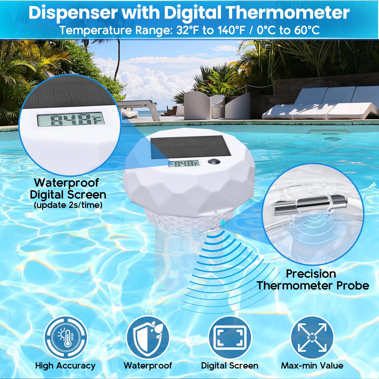 Qoolife Dosierschwimmer Pool mit Thermometer, Solarlicht LED 8 Farbmodi, Timer, wasserdichte, Pool Dosierer Chlorspender Pool Schwimmer mit Fernbedienung Einstellbar Faltbar Chlortabletten Dosierer