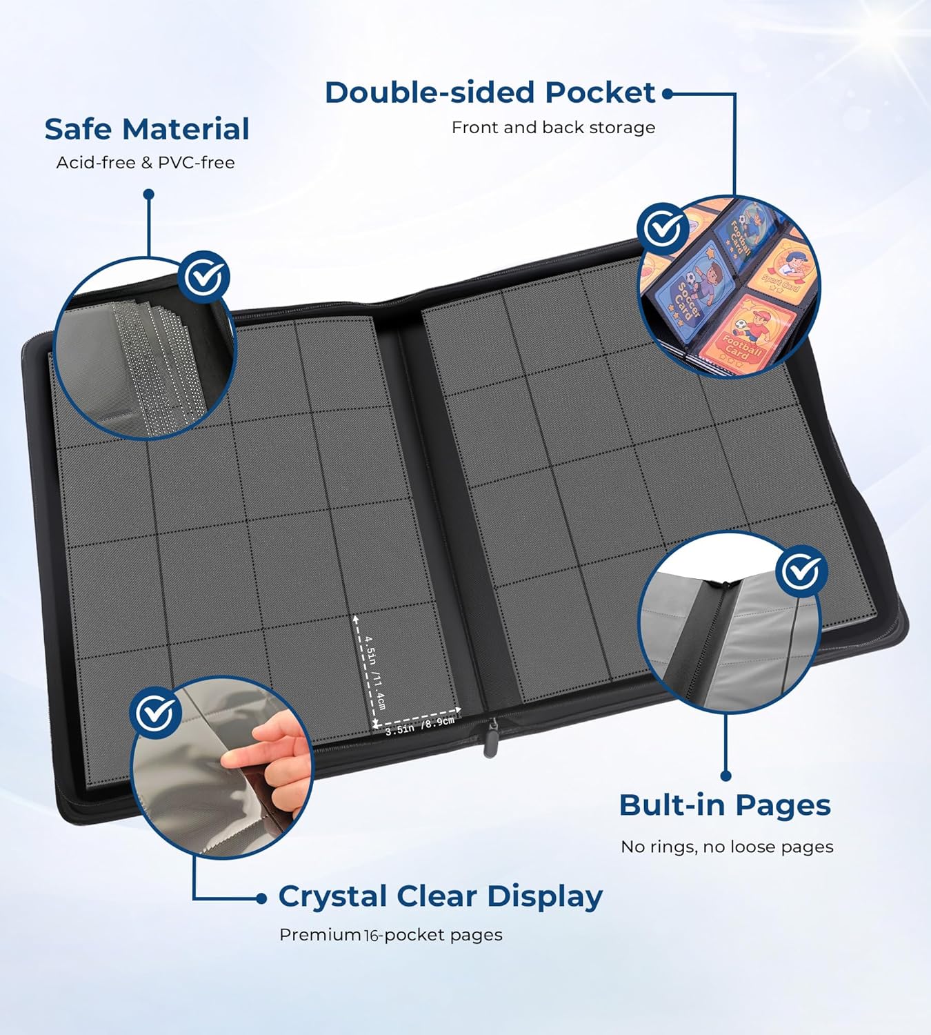 DEQADIC Card Binder 16 Pocket, 1000+ Pockets Trading Cards Collection Binder, Comes with 200 Card Sleeves, Zipper Ringless Side Loading Album for TCG& Sports, Black